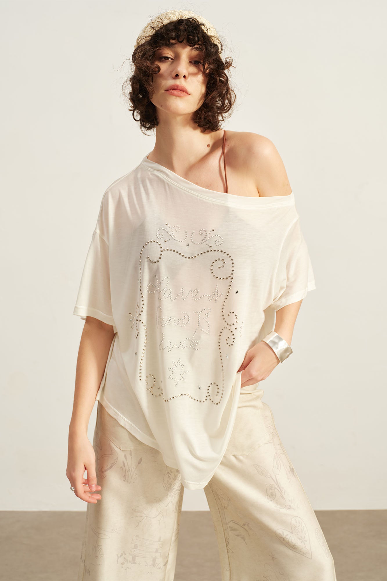 SOFITTE Off-Shoulder Studded Graphic Tee