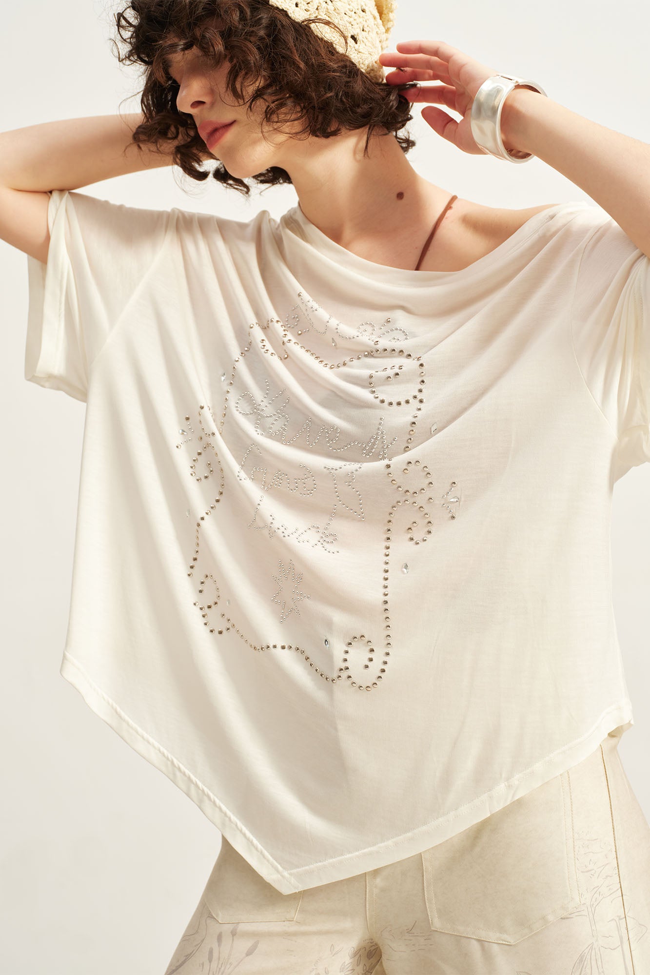 SOFITTE Off-Shoulder Studded Graphic Tee