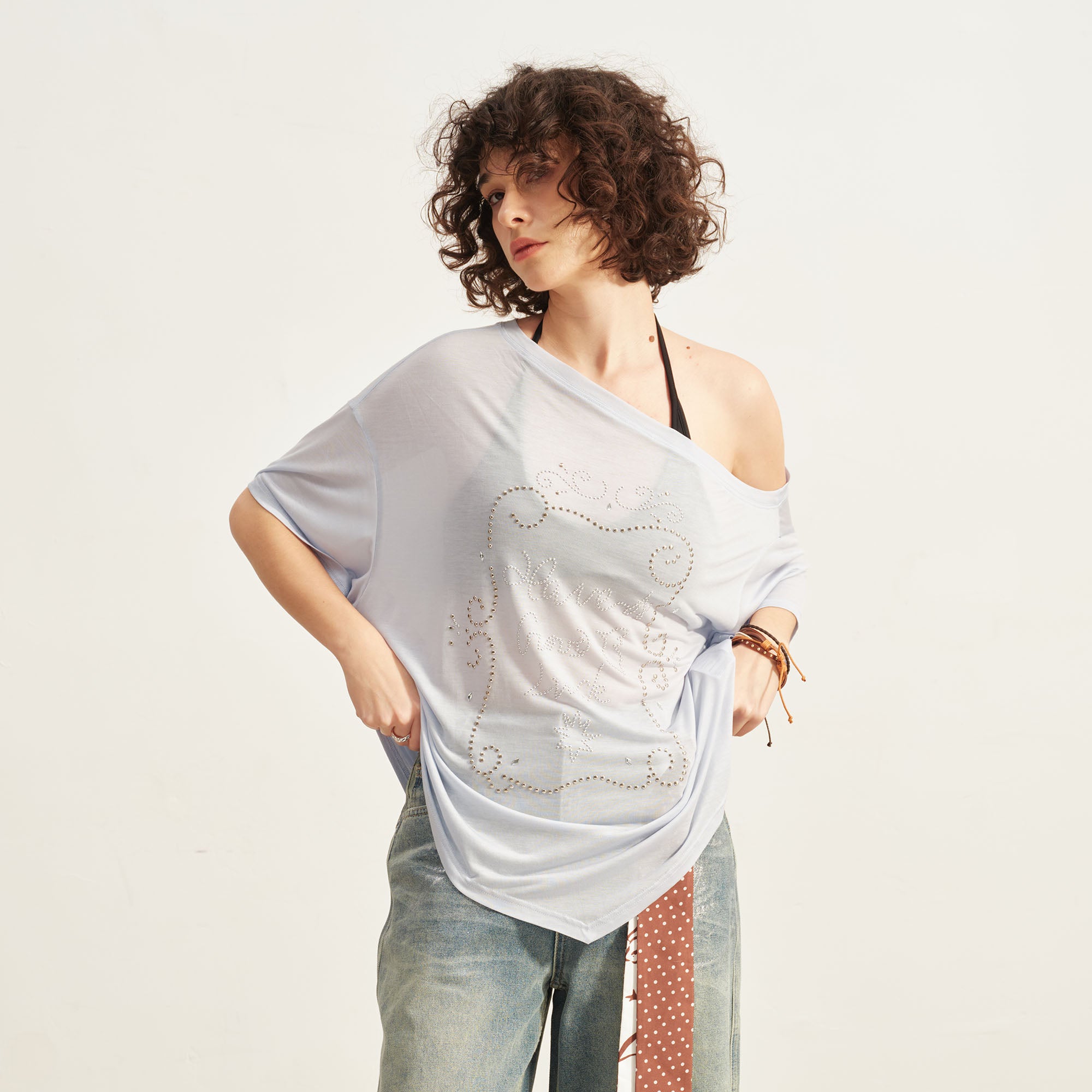 SOFITTE Off-Shoulder Studded Graphic Tee