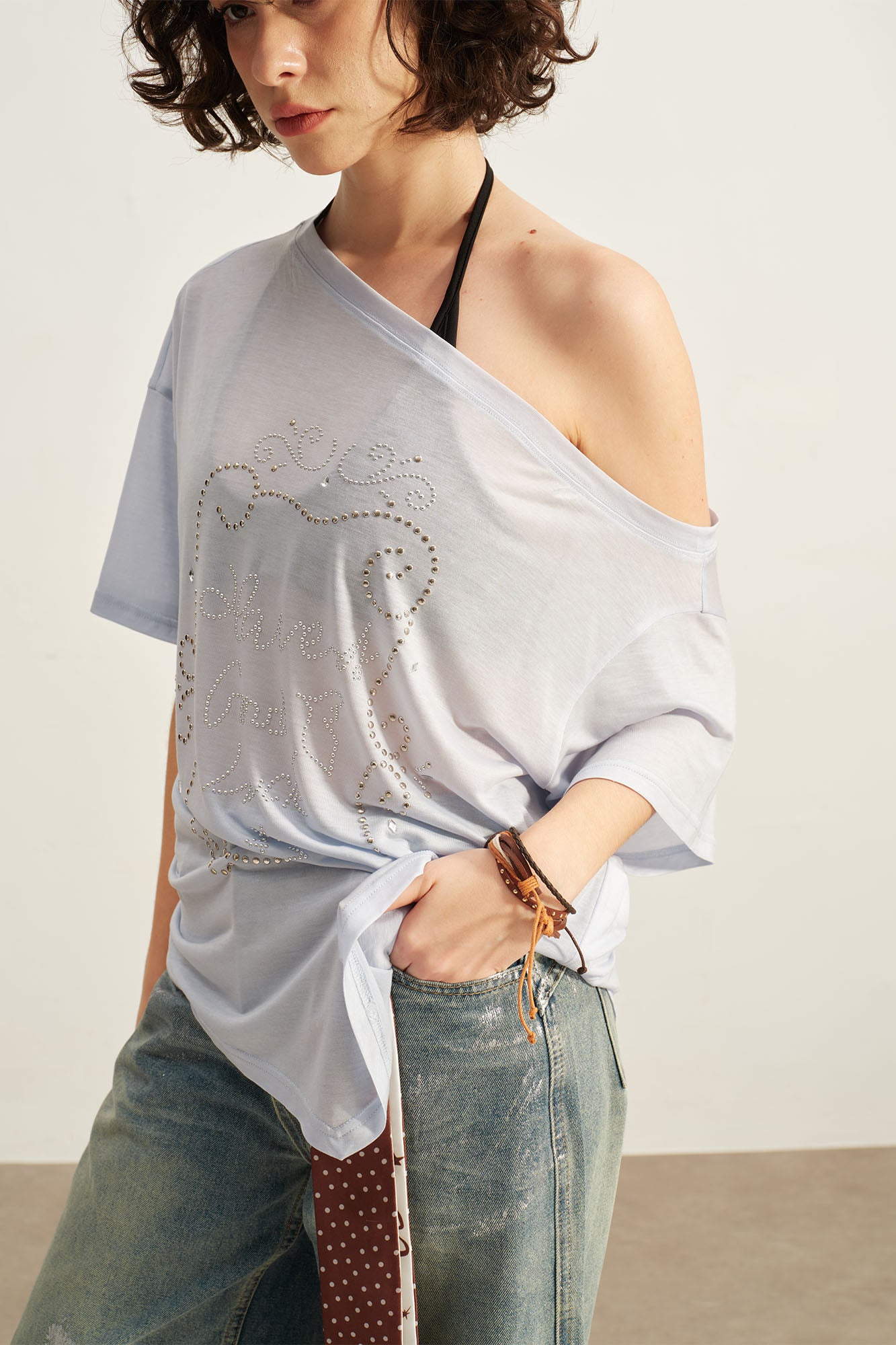 SOFITTE Off-Shoulder Studded Graphic Tee