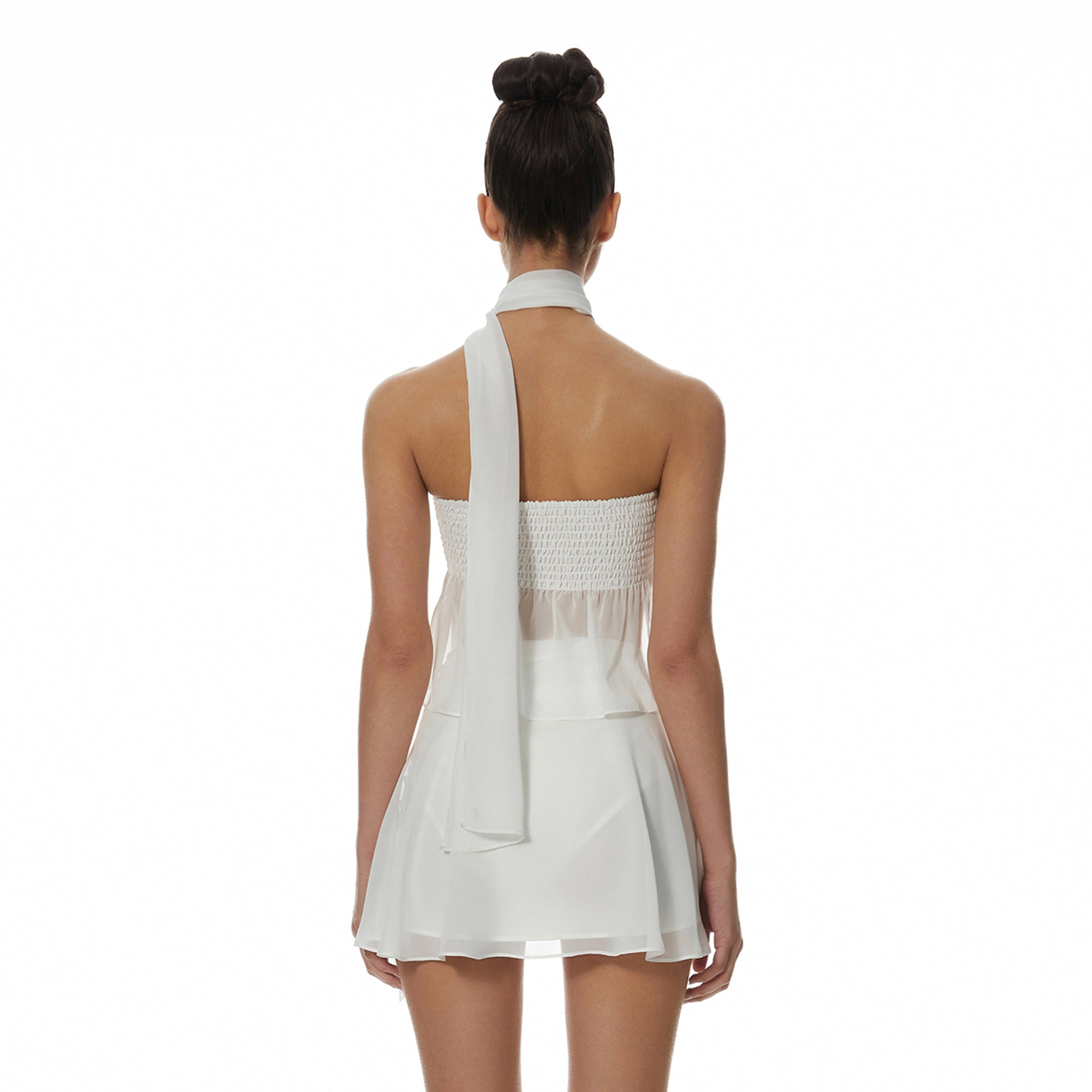 MILLIONLOTUS Sheer Tulle Bandeau & Ribbon-Waist Skirt Set