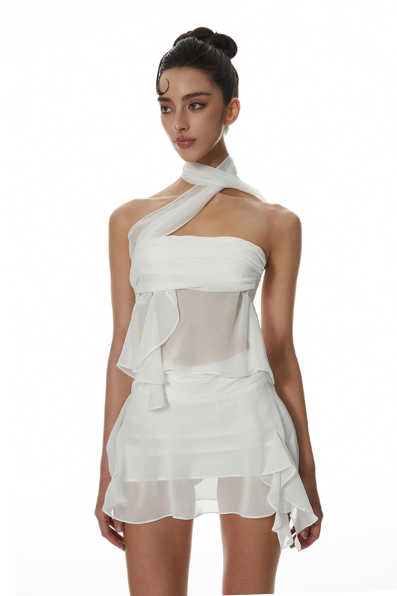 MILLIONLOTUS Sheer Tulle Bandeau & Ribbon-Waist Skirt Set