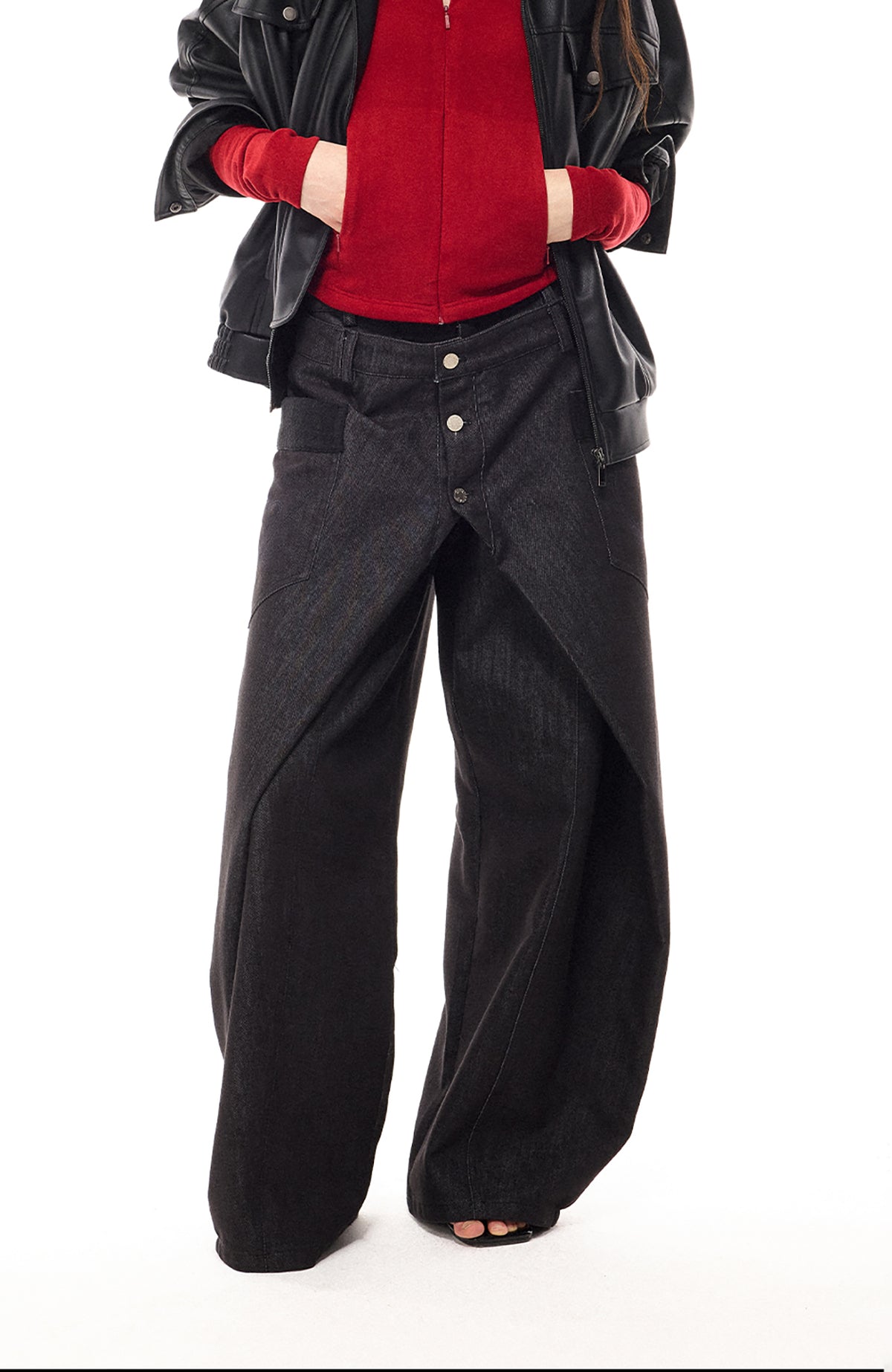 COSTUSTOOT Deconstructed Faux Two-Piece Curved Wide-Leg Black Jeans