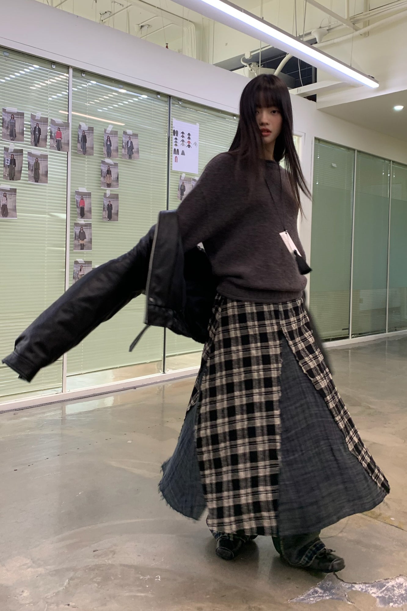 NEVERSEEZ Raw-Edge Plaid Panel Midi Skirt