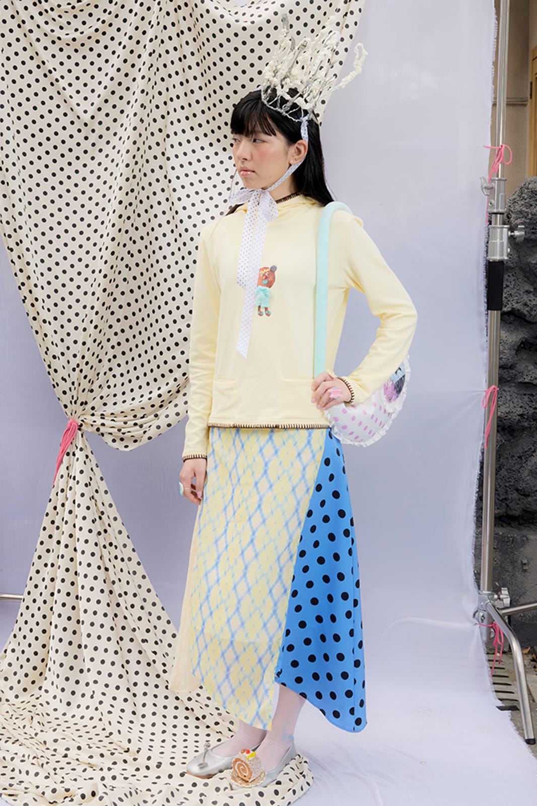 UNSOCIAL NIGHT Spliced Polka-Dot Diamond Midi Skirt