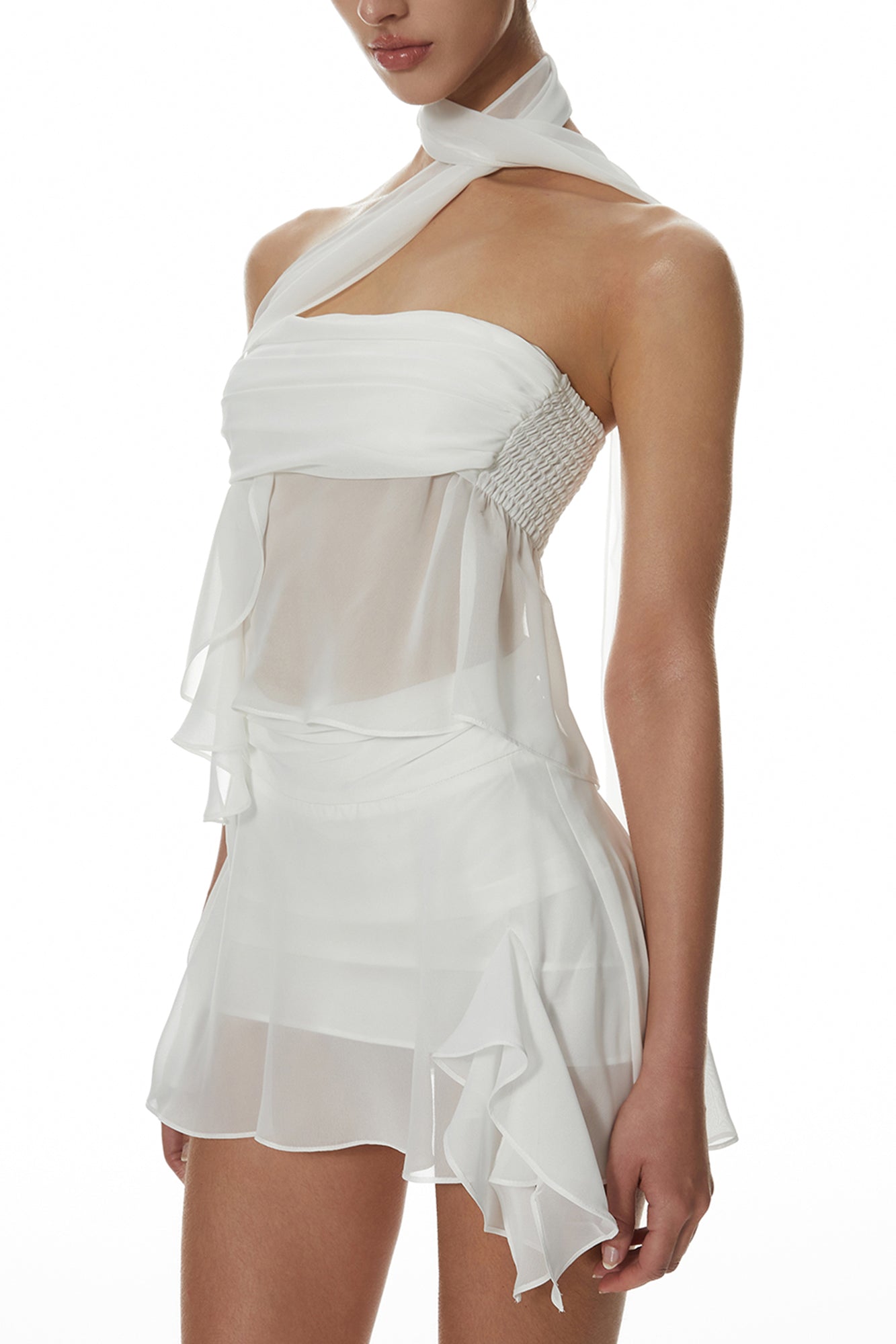 MILLIONLOTUS Sheer Tulle Bandeau & Ribbon-Waist Skirt Set
