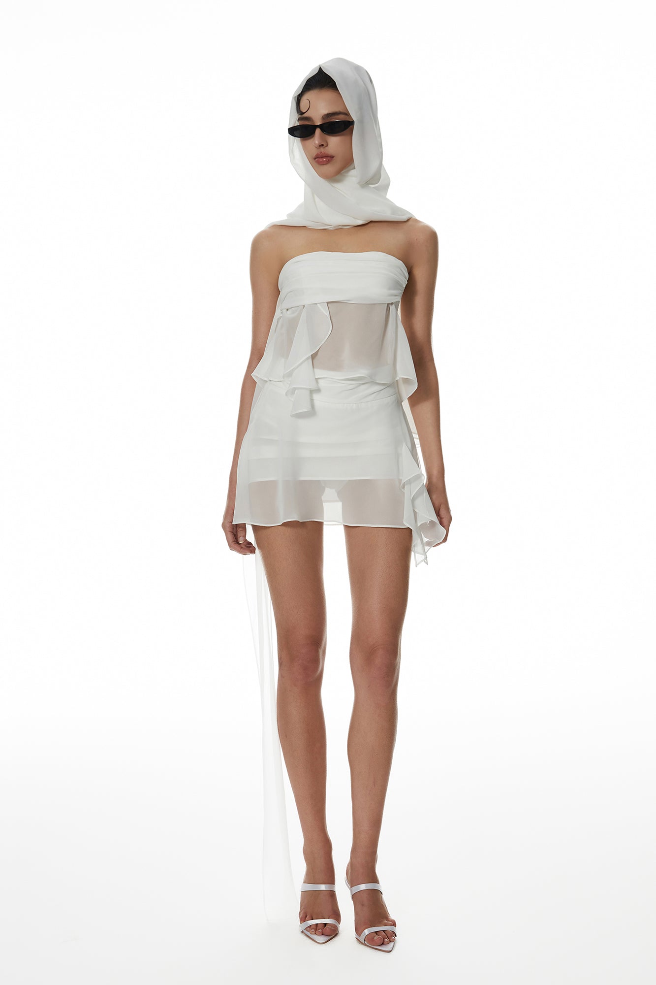MILLIONLOTUS Sheer Tulle Bandeau & Ribbon-Waist Skirt Set