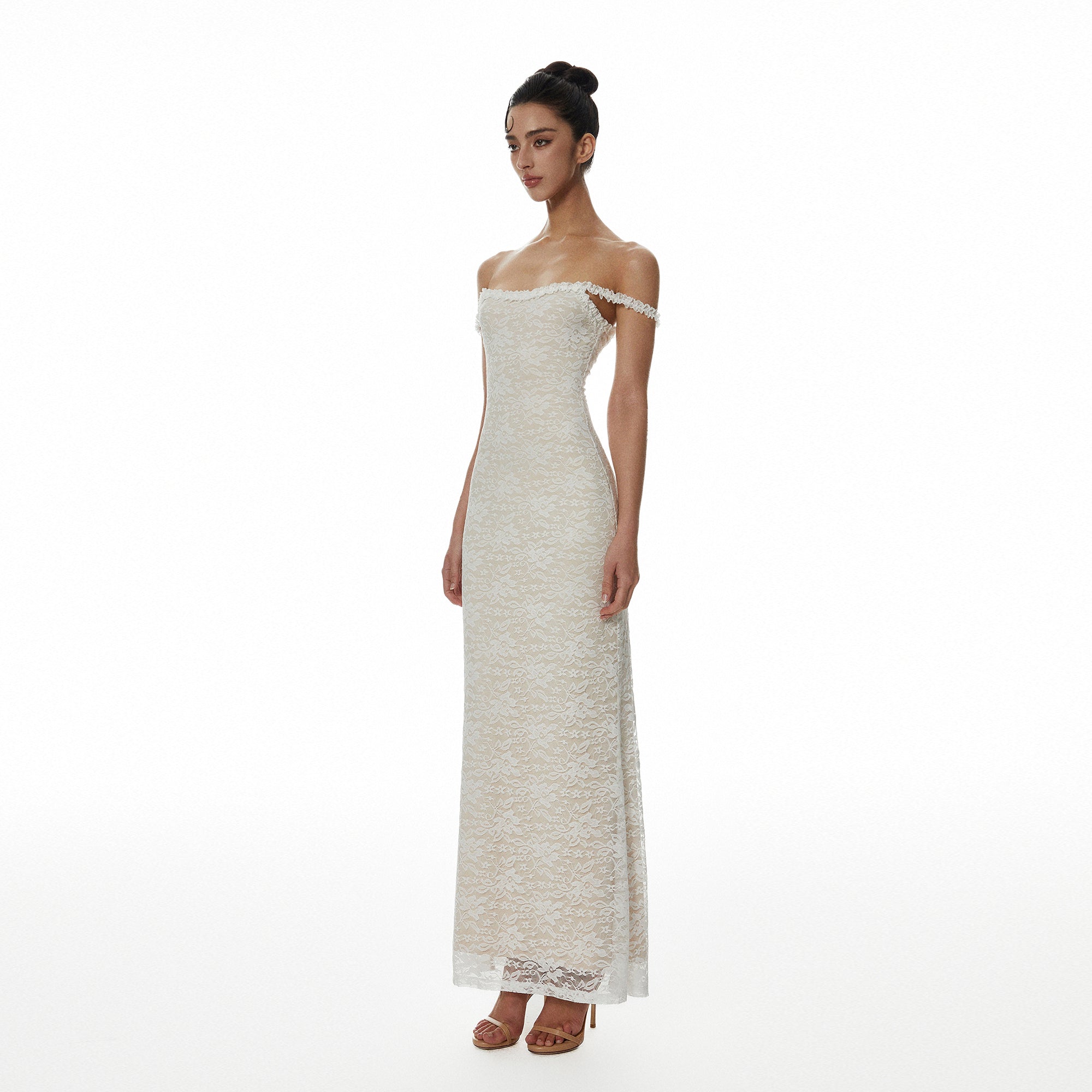 MILLIONLOTUS Lace Off-Shoulder Maxi Dress