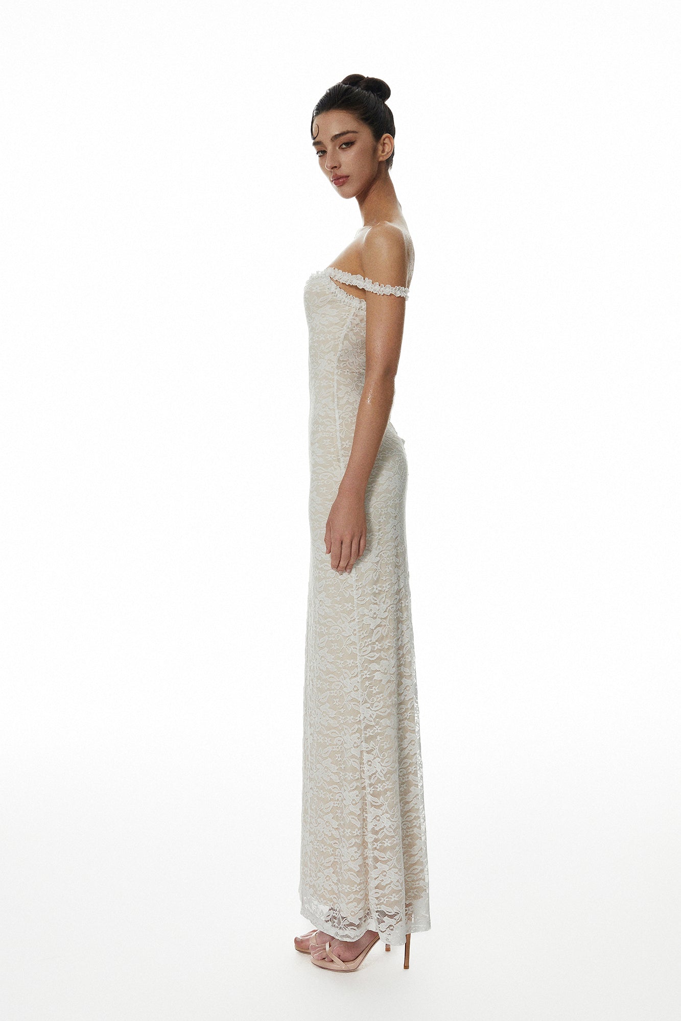 MILLIONLOTUS Lace Off-Shoulder Maxi Dress
