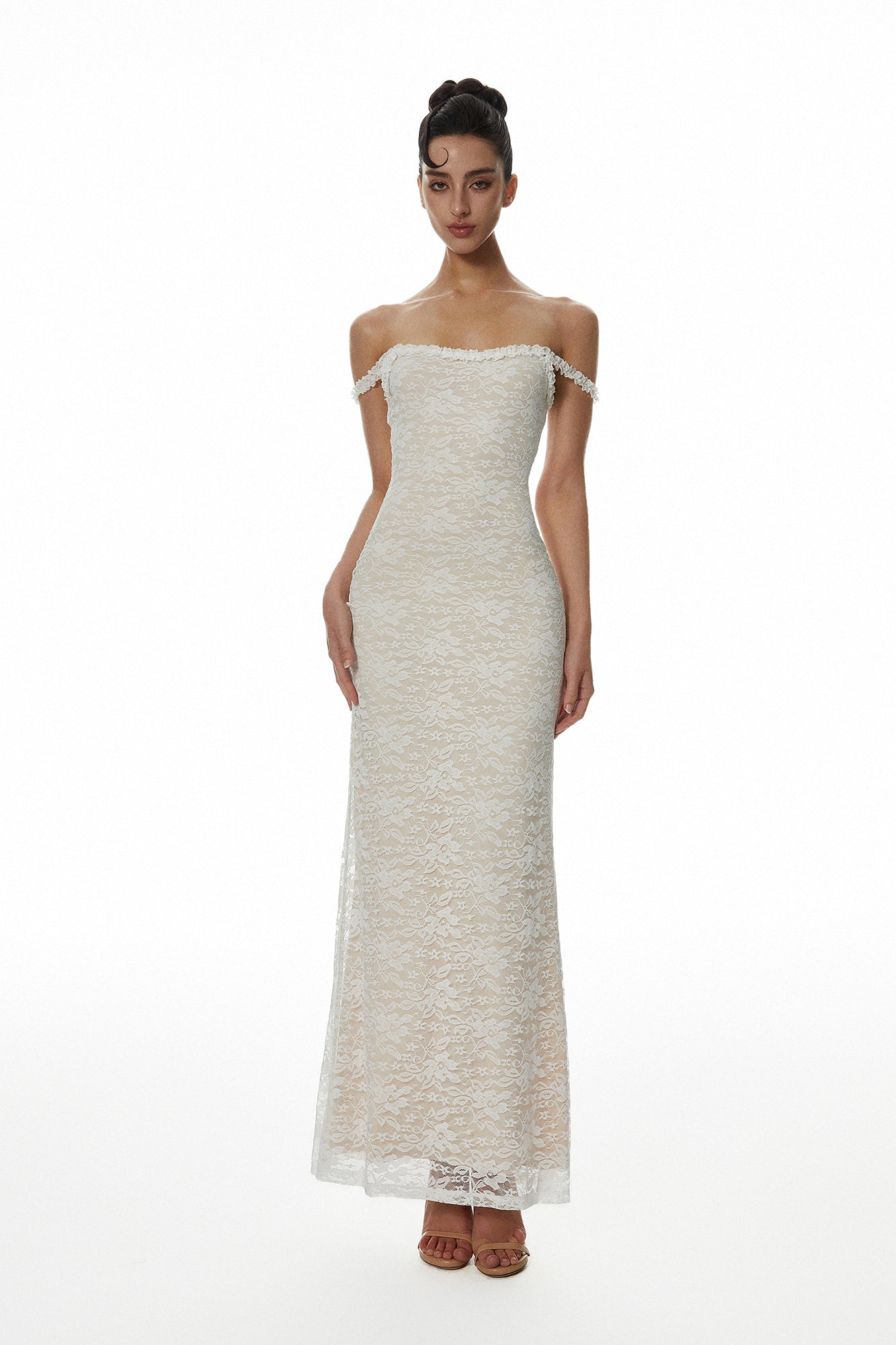 MILLIONLOTUS Lace Off-Shoulder Maxi Dress