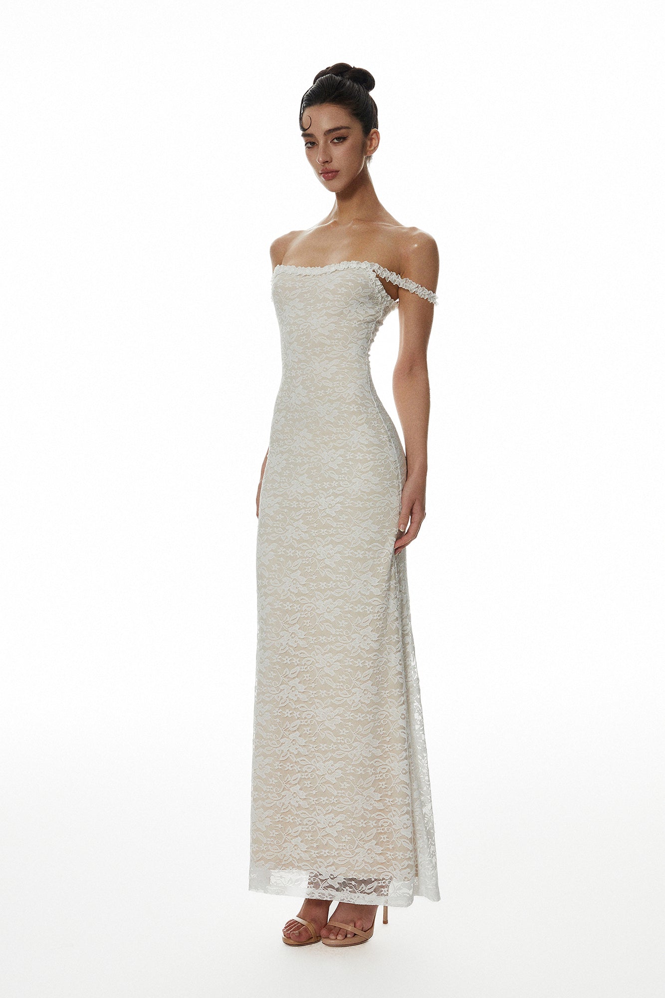 MILLIONLOTUS Lace Off-Shoulder Maxi Dress