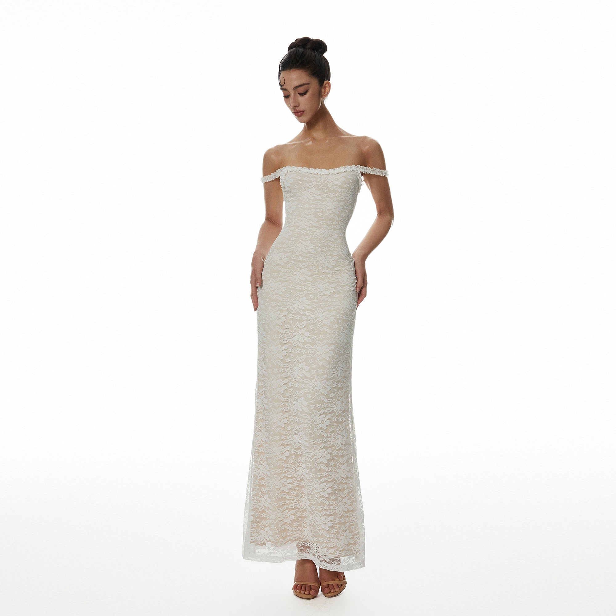MILLIONLOTUS Lace Off-Shoulder Maxi Dress