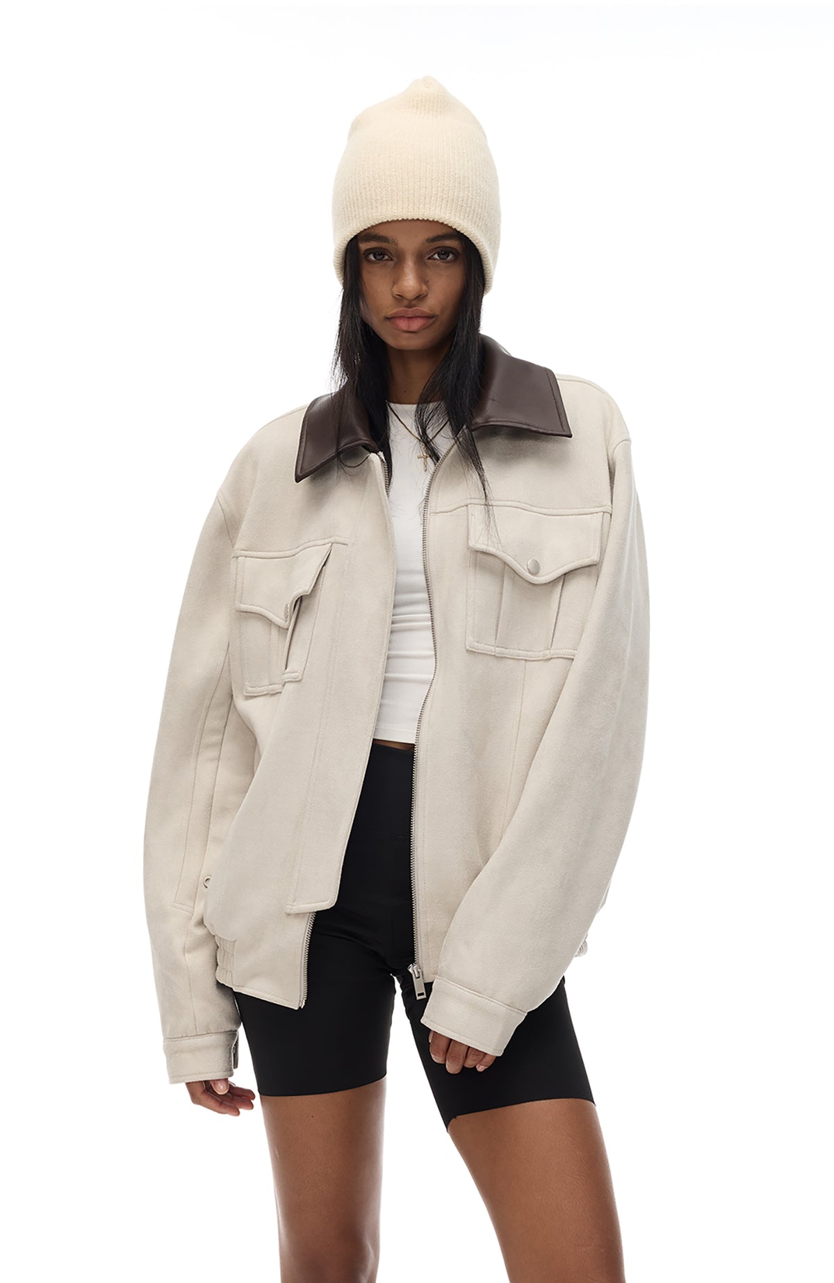 COSTUSTOOT Contrast-Collar Suede Oversized Big-Pocket Jacket