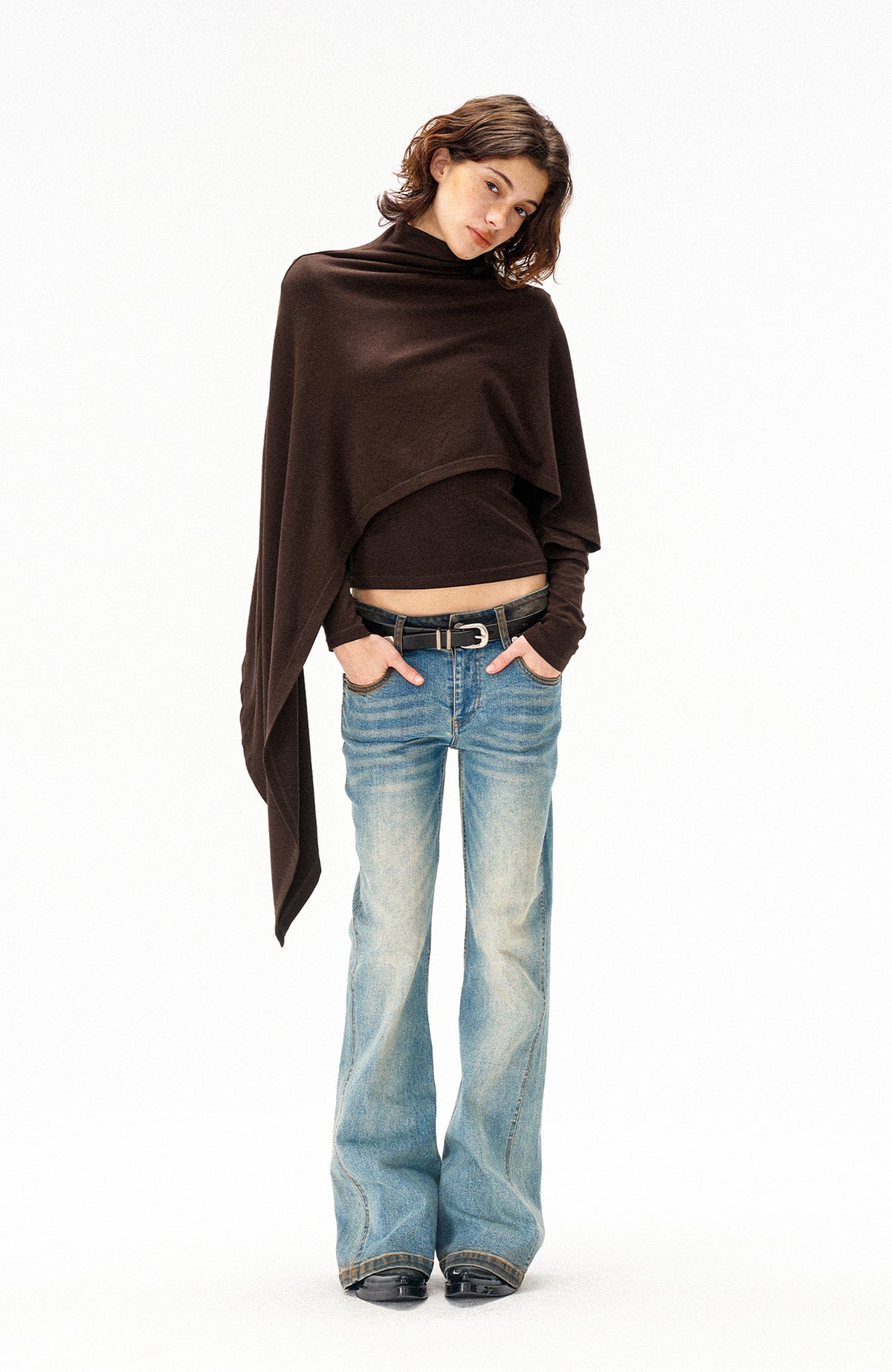 COSTUSTOOT Cape-Style Asymmetric Layered Knit Long-Sleeve Tee