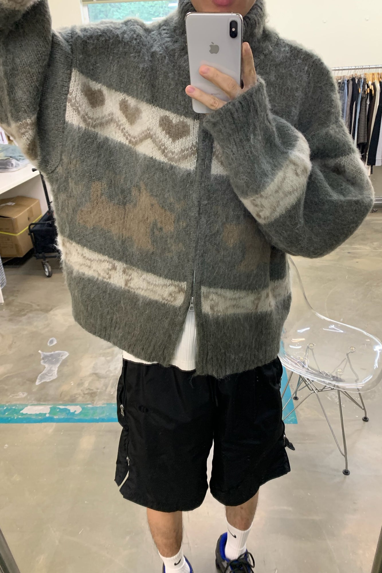 NEVERSEEZ Fuzzy Dog & Heart Jacquard Zip-Up Cardigan