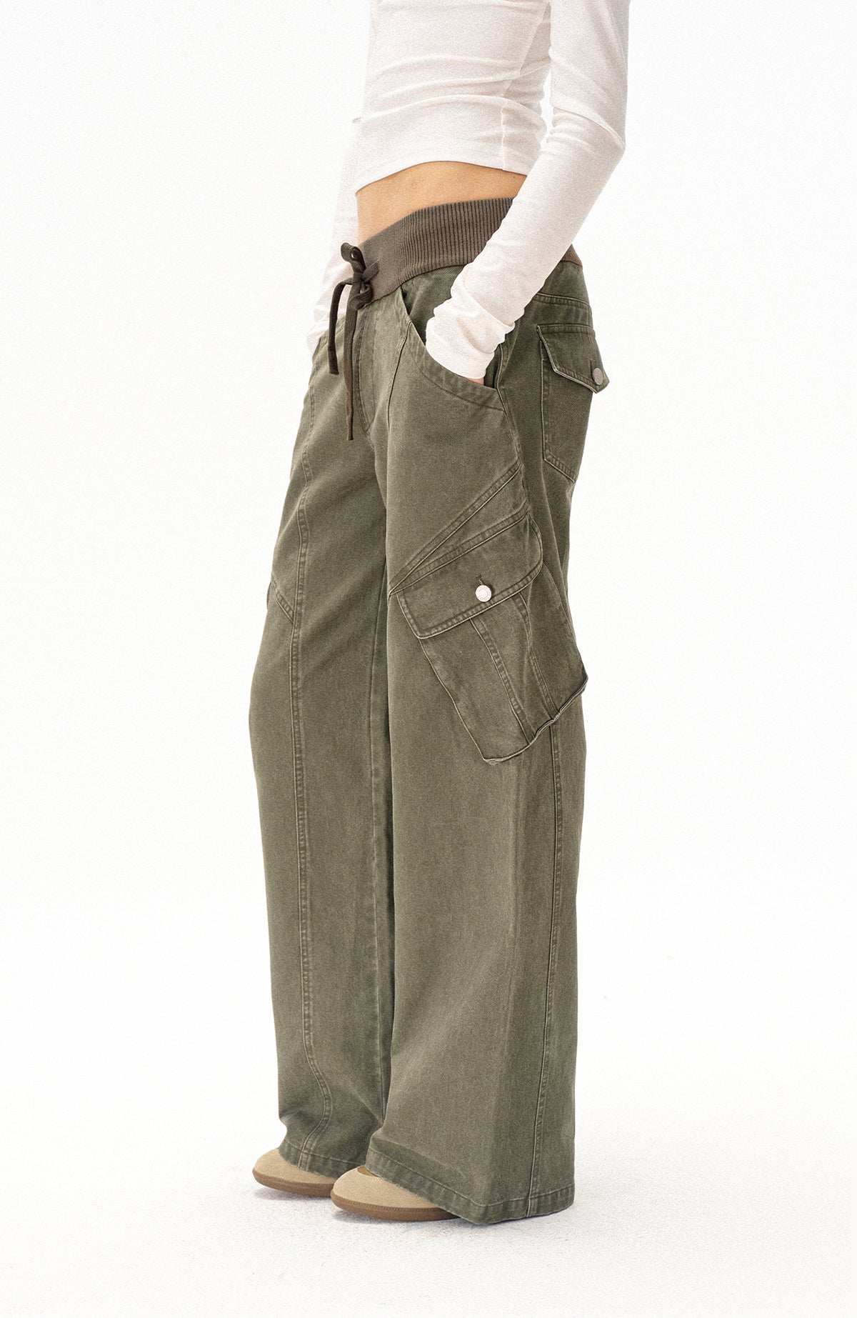 COSTUSTOOT Multi-Pocket Washed Distressed Ribbed Waist Cargo Pants