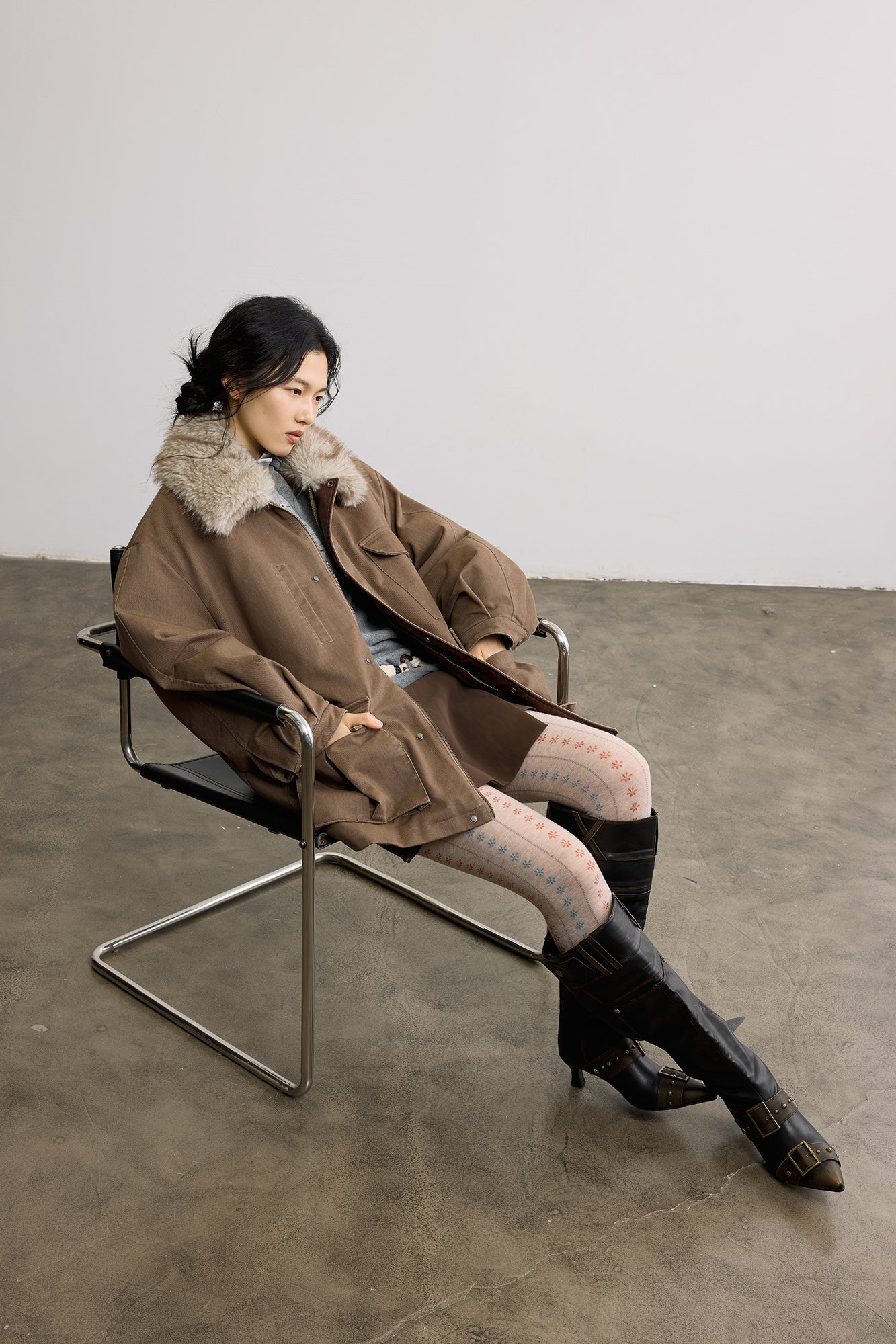 SAME FLOW Faux Fur Collar Oversized Utility Jacket