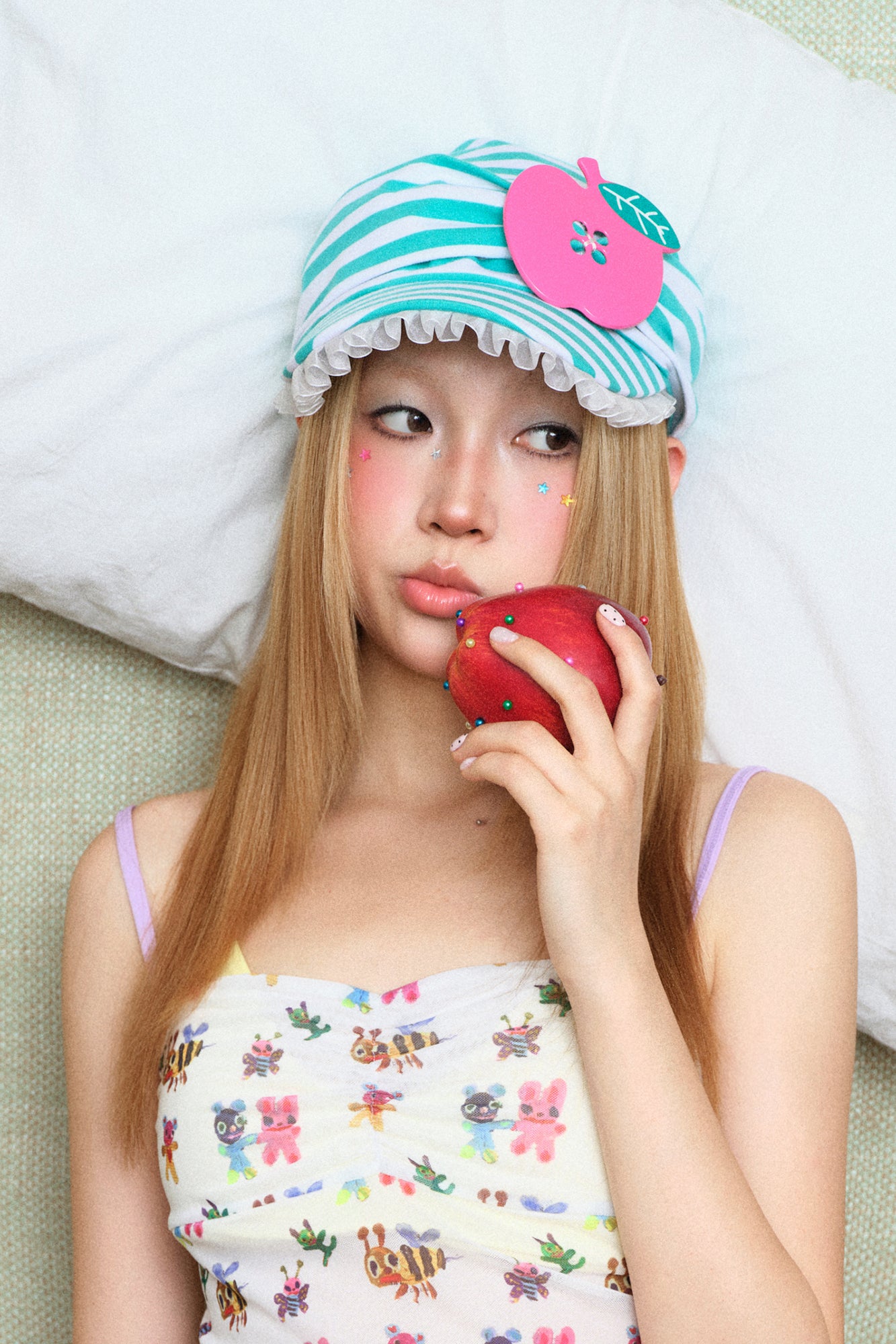 SANB Striped Ruffle Trim Apple Detail Cap
