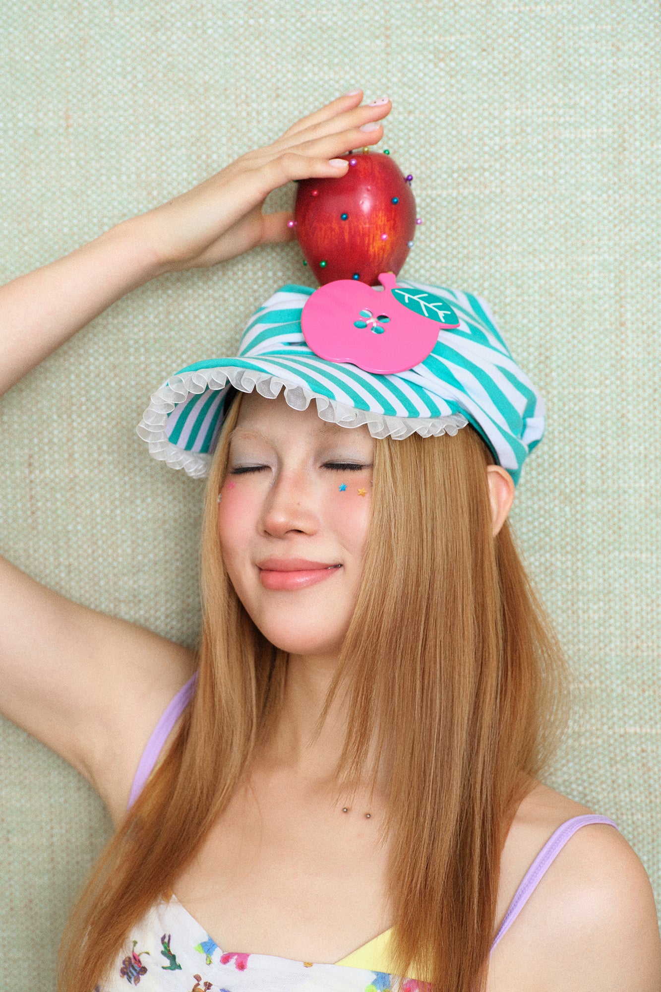 SANB Striped Ruffle Trim Apple Detail Cap