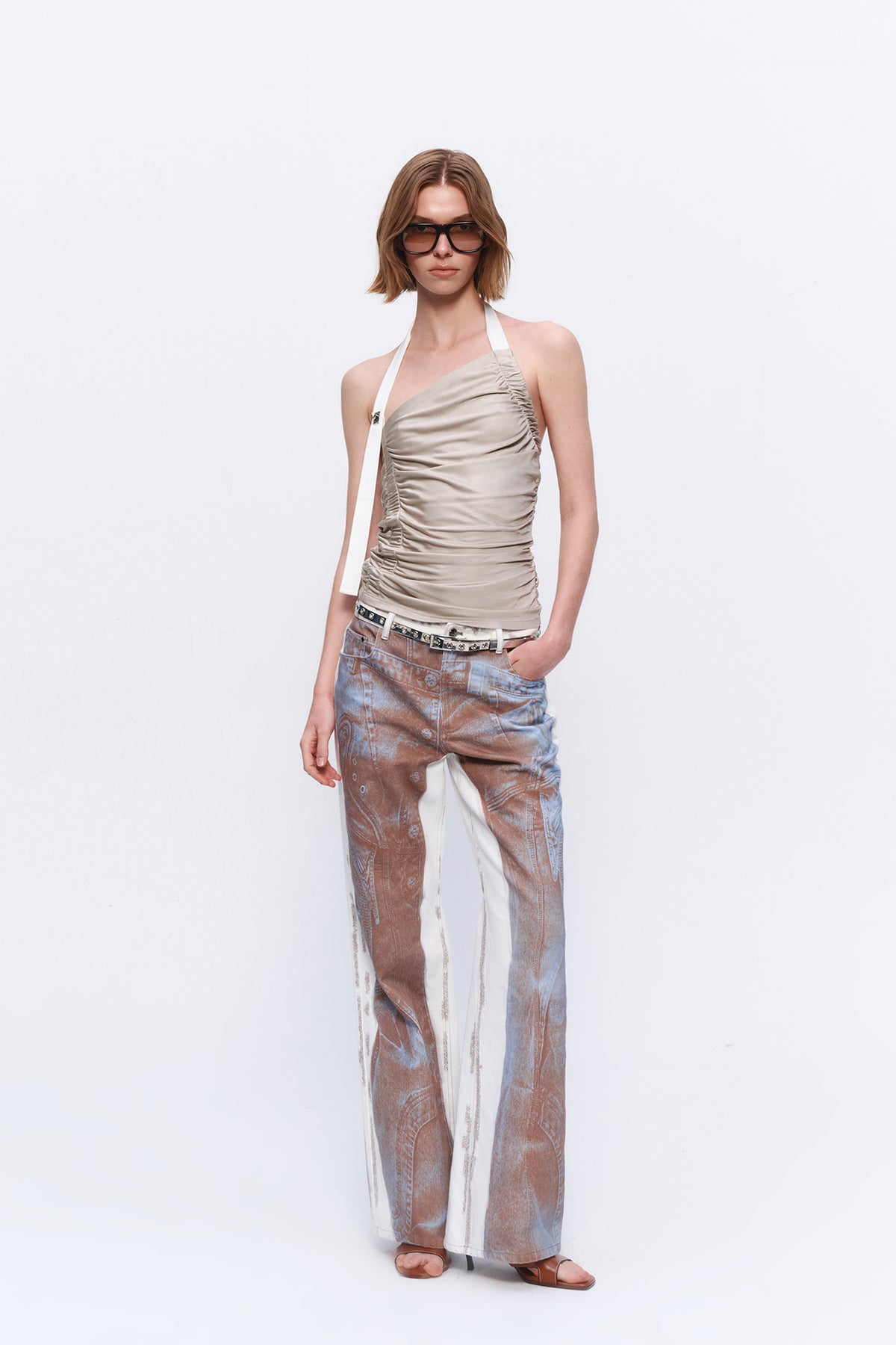 AURA LAND Pleated Asymmetric Off-Shoulder Halter Top
