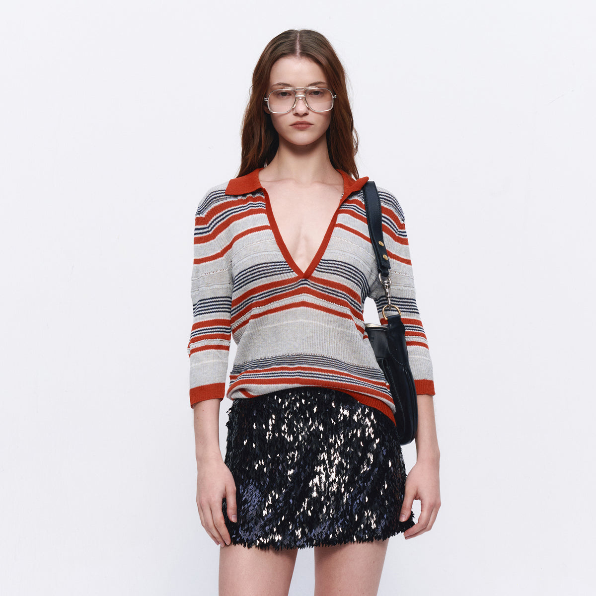 AURA LAND Striped Polo-Neck Wool-Blend Tee