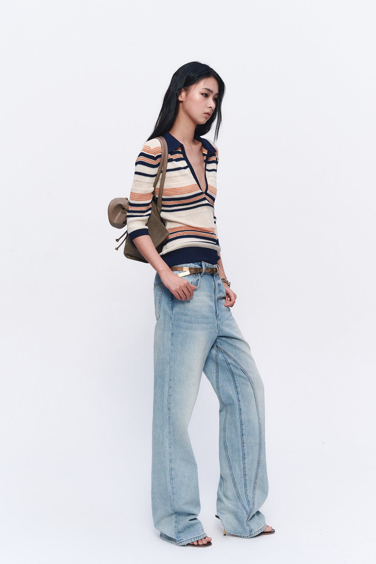 AURA LAND Striped Polo-Neck Wool-Blend Tee