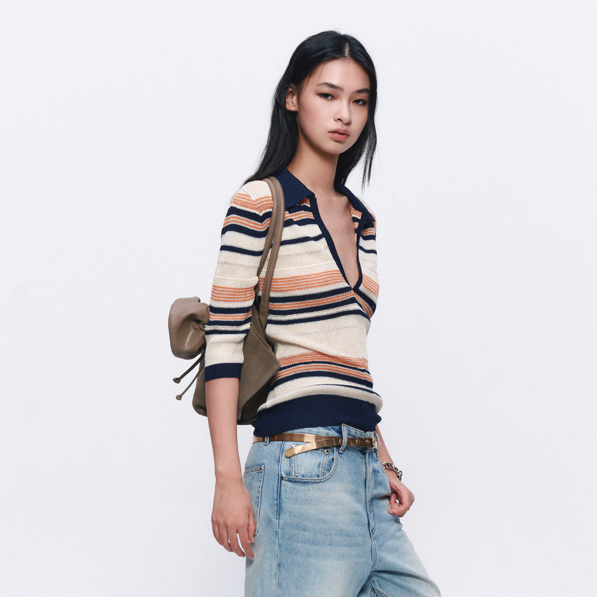 AURA LAND Striped Polo-Neck Wool-Blend Tee