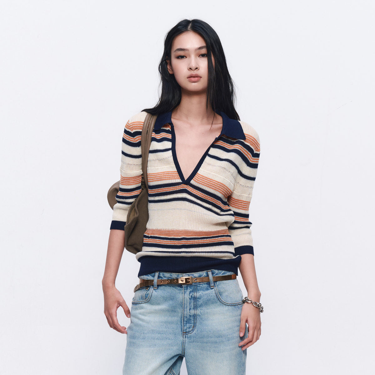 AURA LAND Striped Polo-Neck Wool-Blend Tee