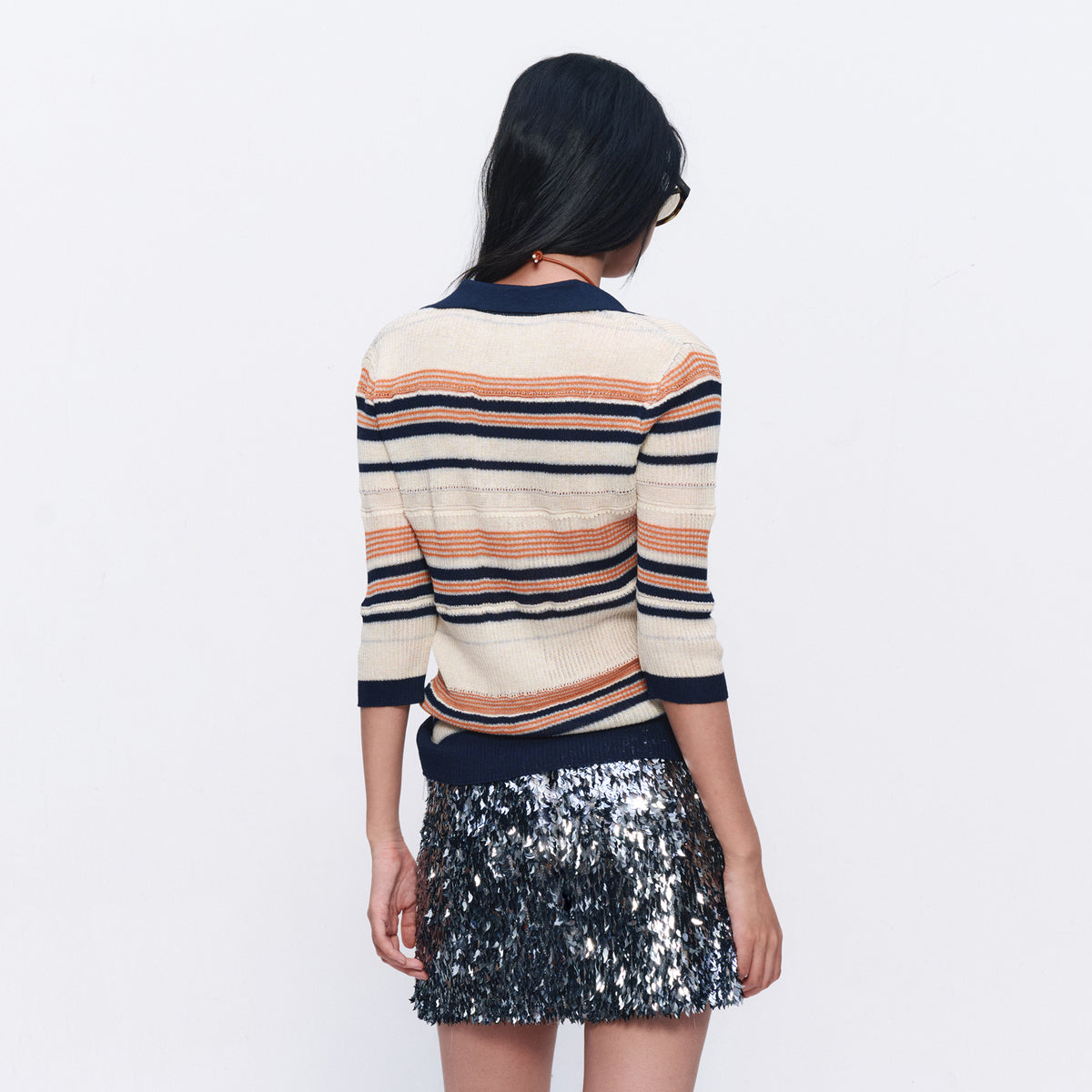 AURA LAND Striped Polo-Neck Wool-Blend Tee