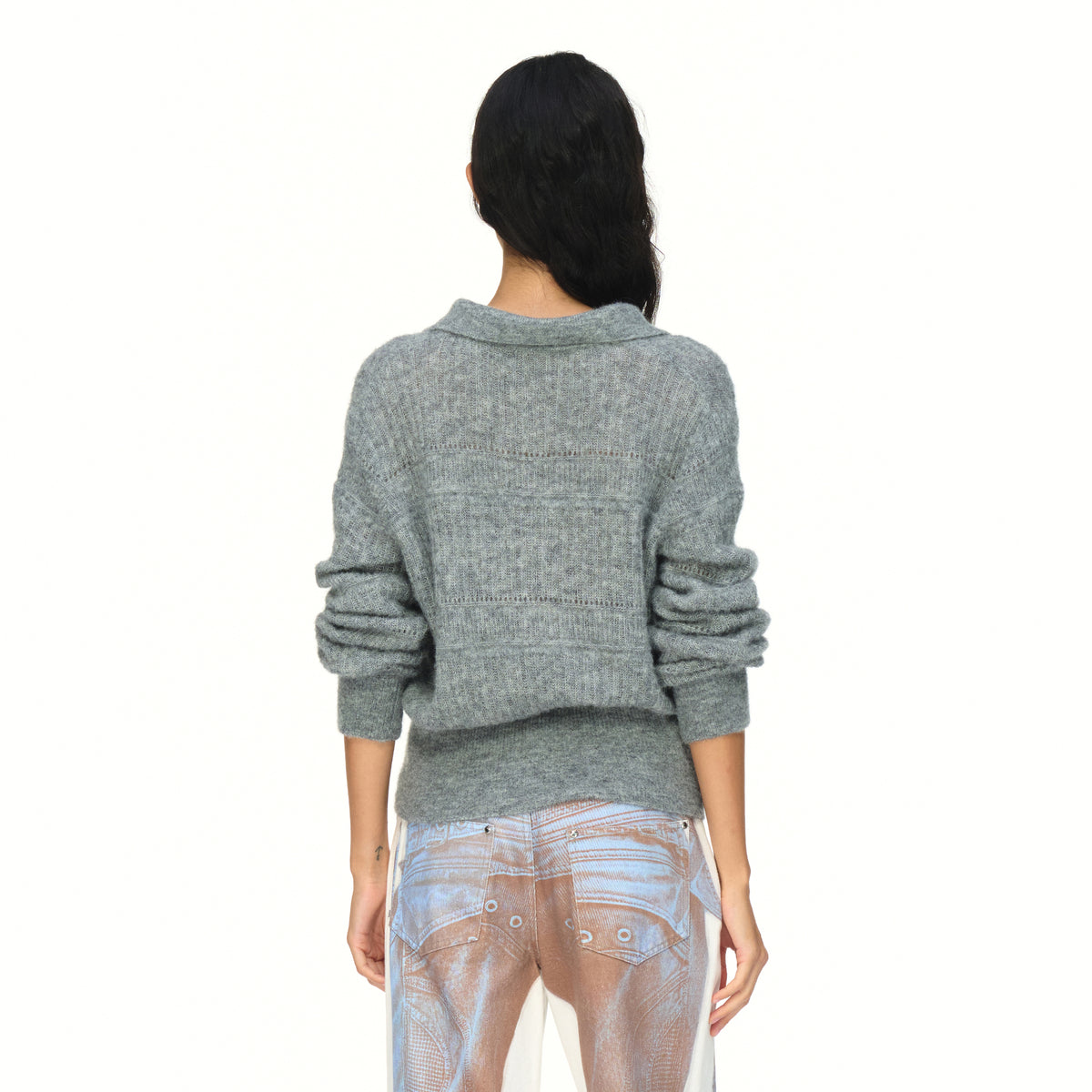 AURA LAND Retro Striped Polo-Neck Wool-Blend Fitted Sweater