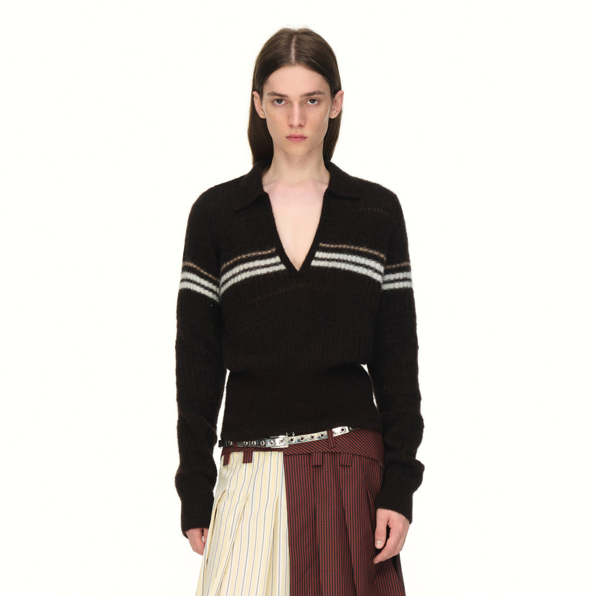 AURA LAND Retro Striped Polo-Neck Wool-Blend Fitted Sweater