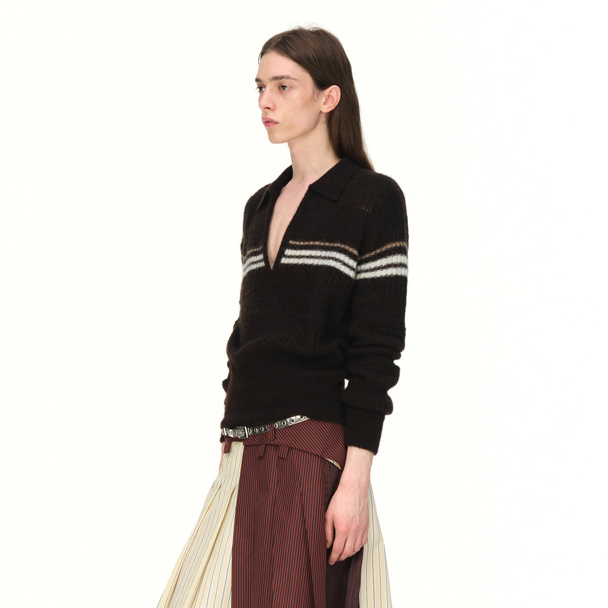 AURA LAND Retro Striped Polo-Neck Wool-Blend Fitted Sweater