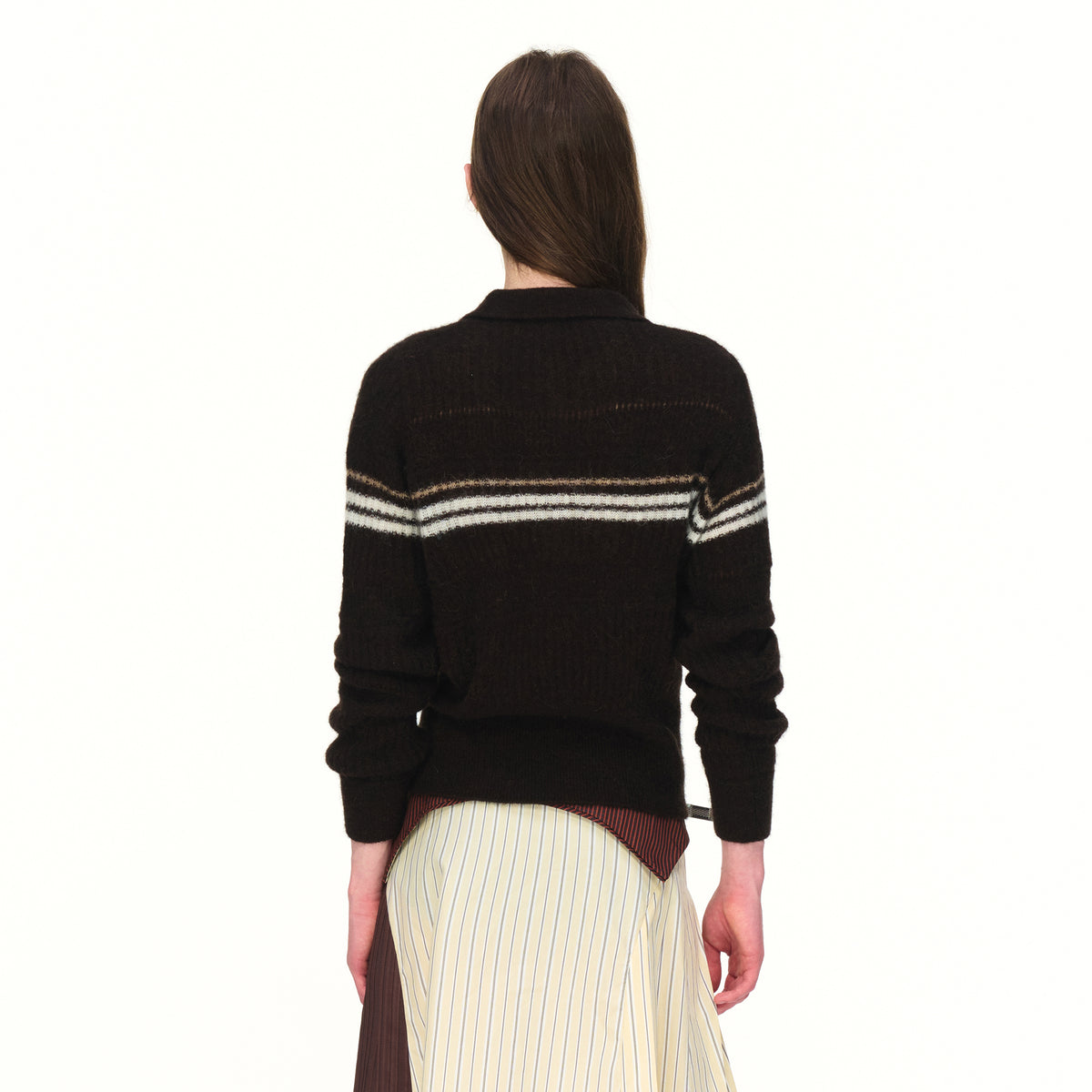 AURA LAND Retro Striped Polo-Neck Wool-Blend Fitted Sweater