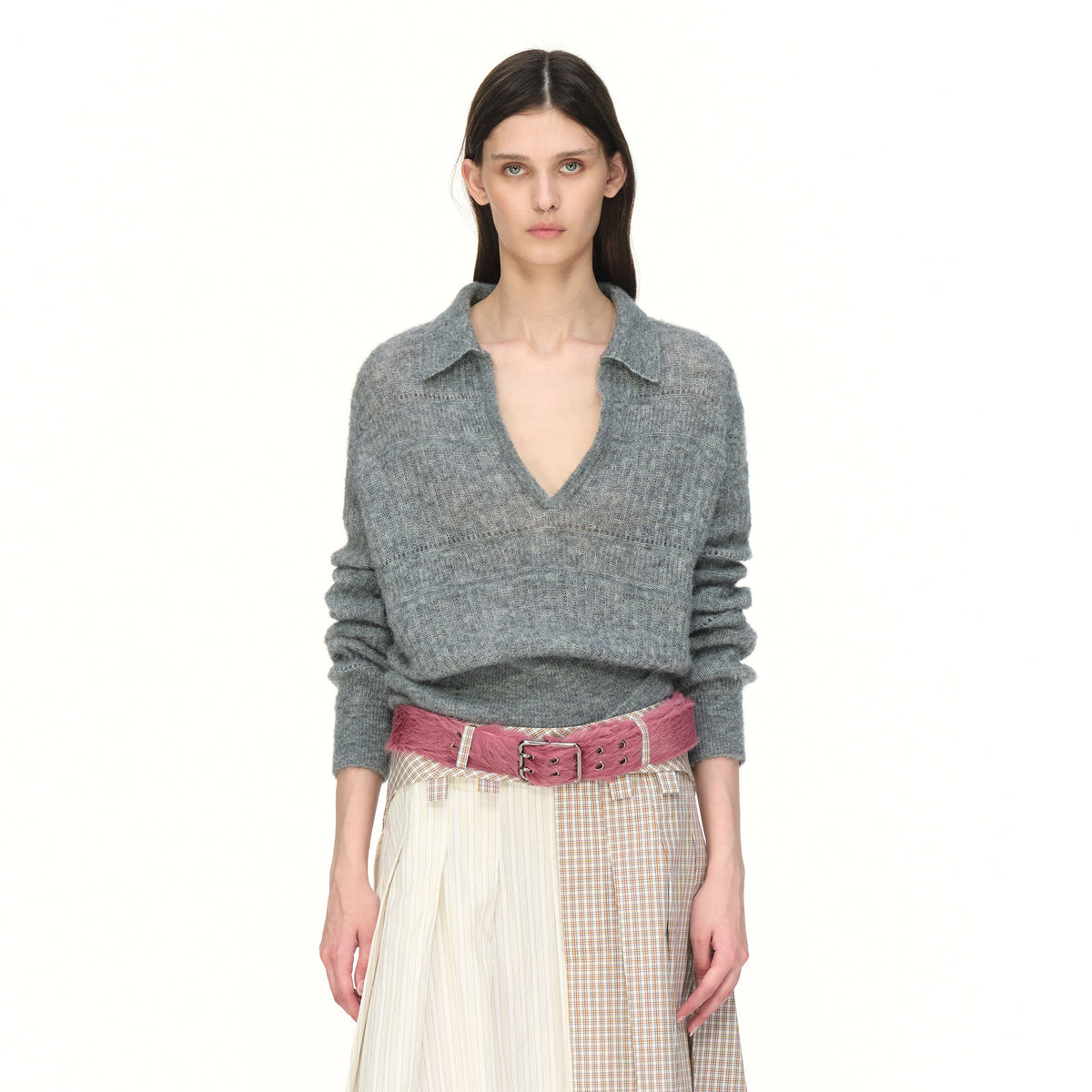 AURA LAND Retro Striped Polo-Neck Wool-Blend Fitted Sweater