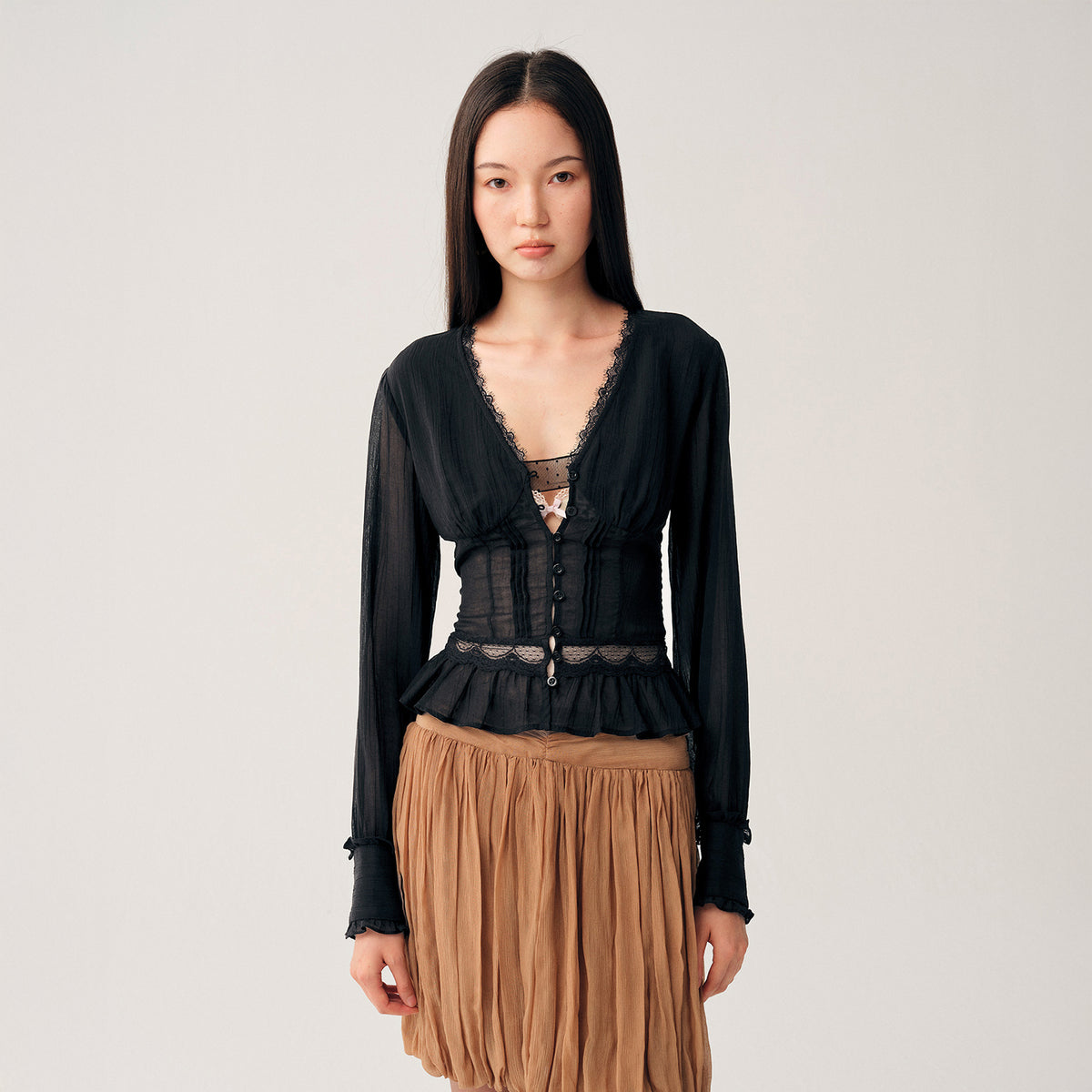 DOTYEARS Sheer Lace Slim-Fit Shirt