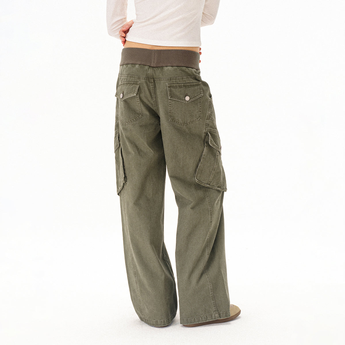 COSTUSTOOT Multi-Pocket Washed Distressed Ribbed Waist Cargo Pants