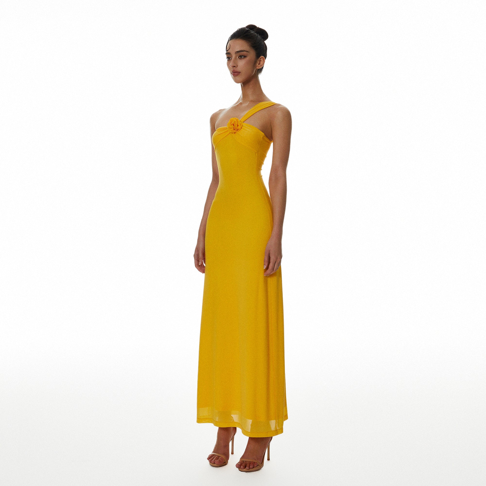 MILLIONLOTUS Rosette One-Shoulder Ruched Maxi Dress