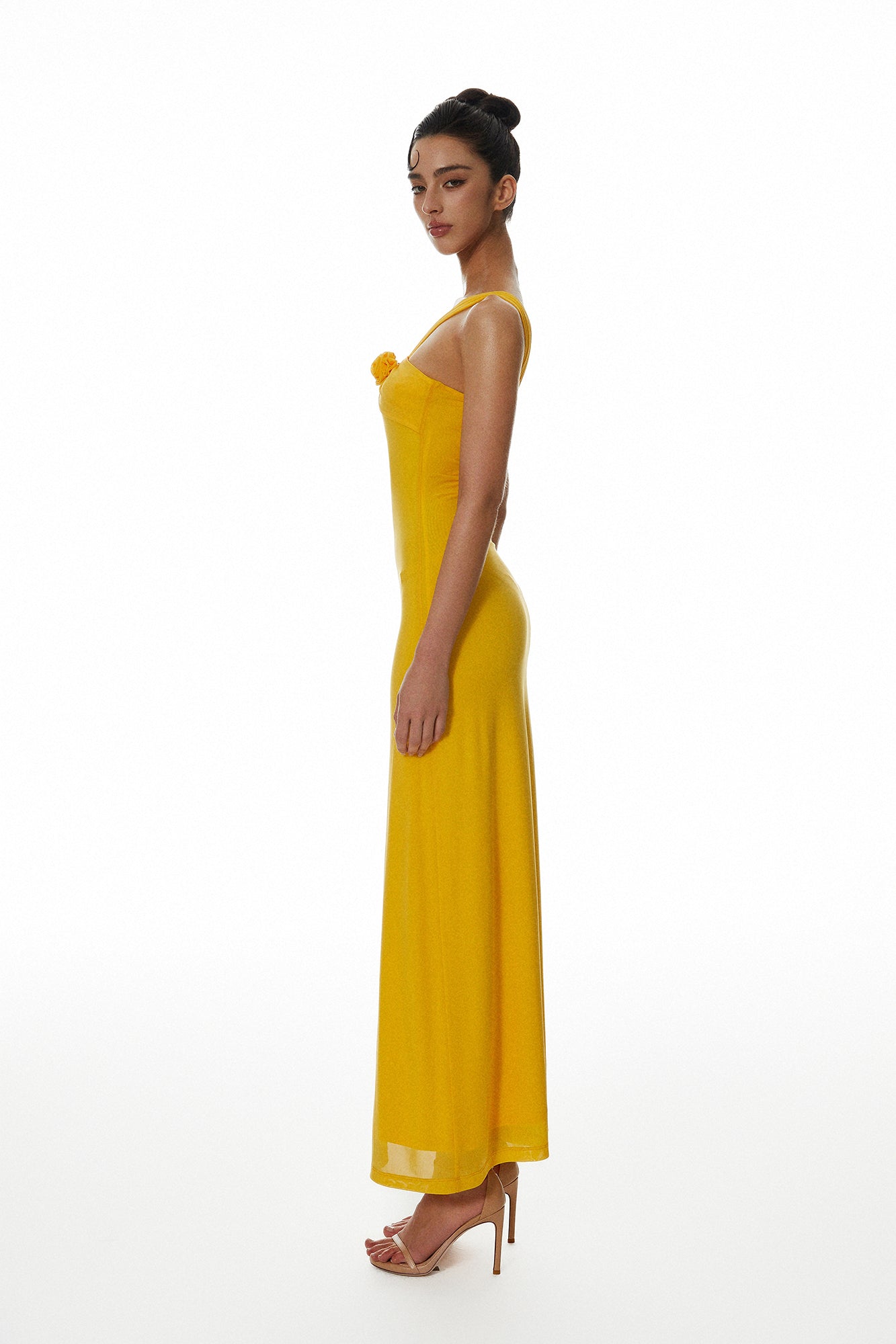 MILLIONLOTUS Rosette One-Shoulder Ruched Maxi Dress