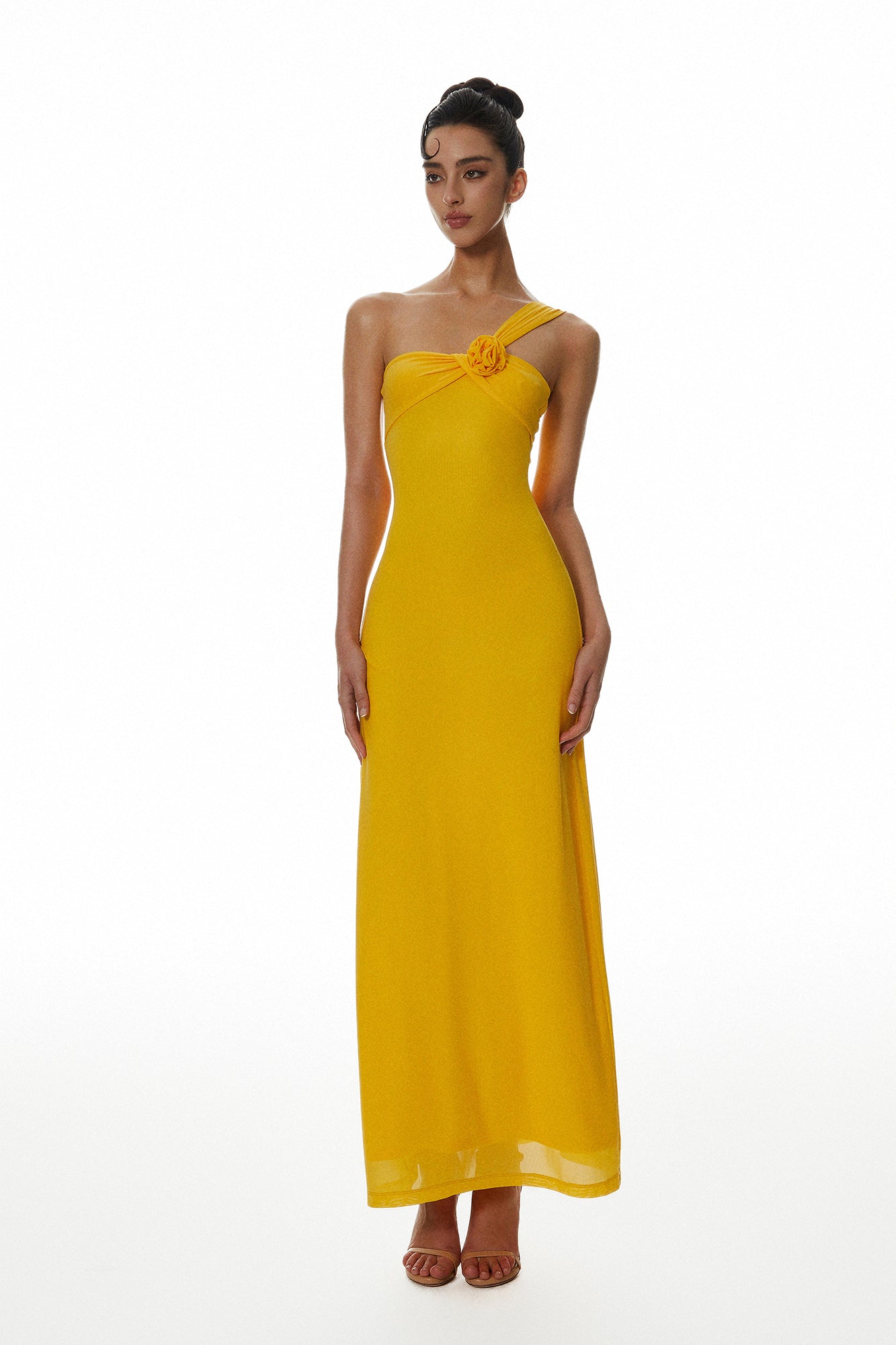 MILLIONLOTUS Rosette One-Shoulder Ruched Maxi Dress
