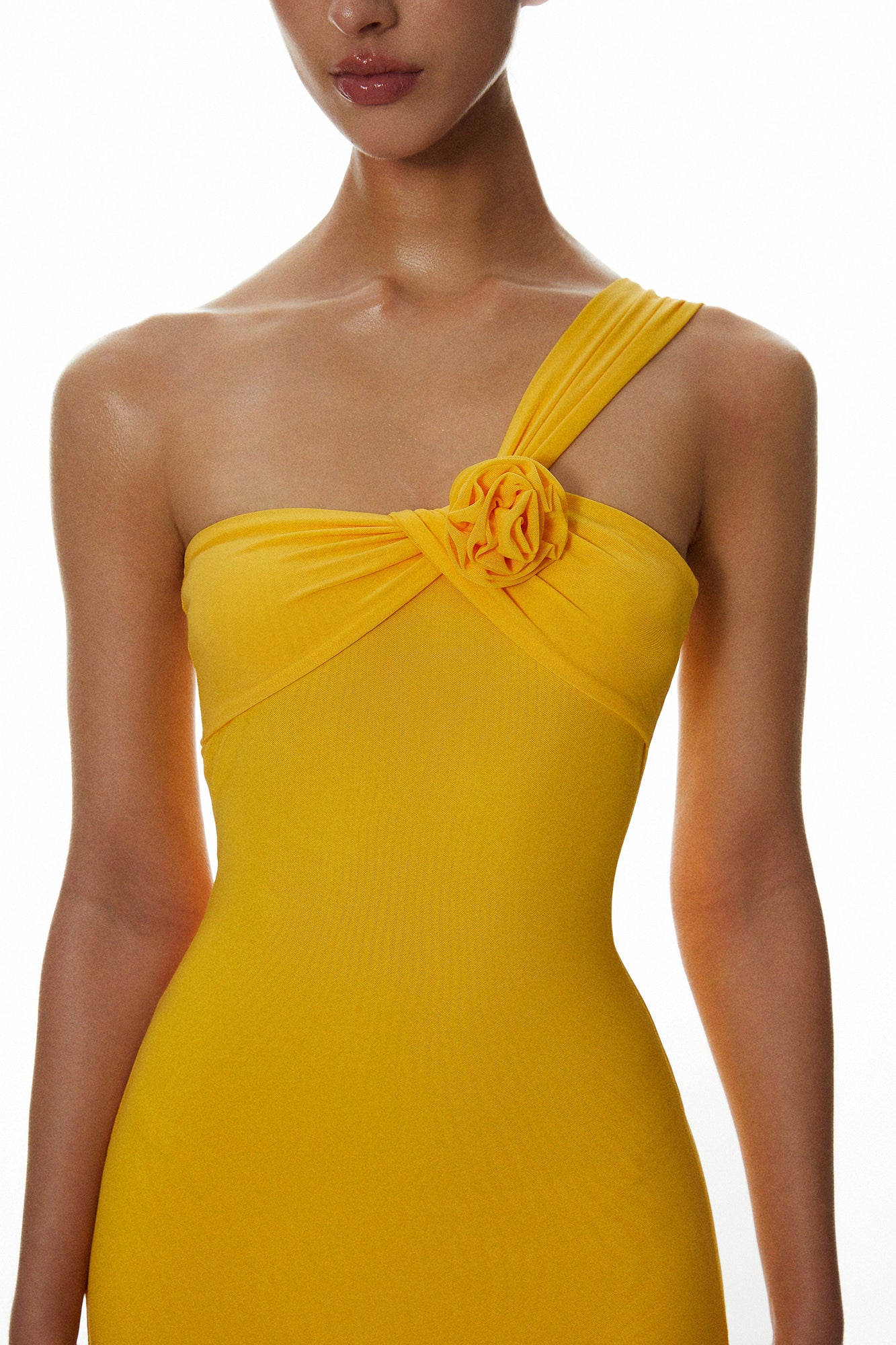 MILLIONLOTUS Rosette One-Shoulder Ruched Maxi Dress