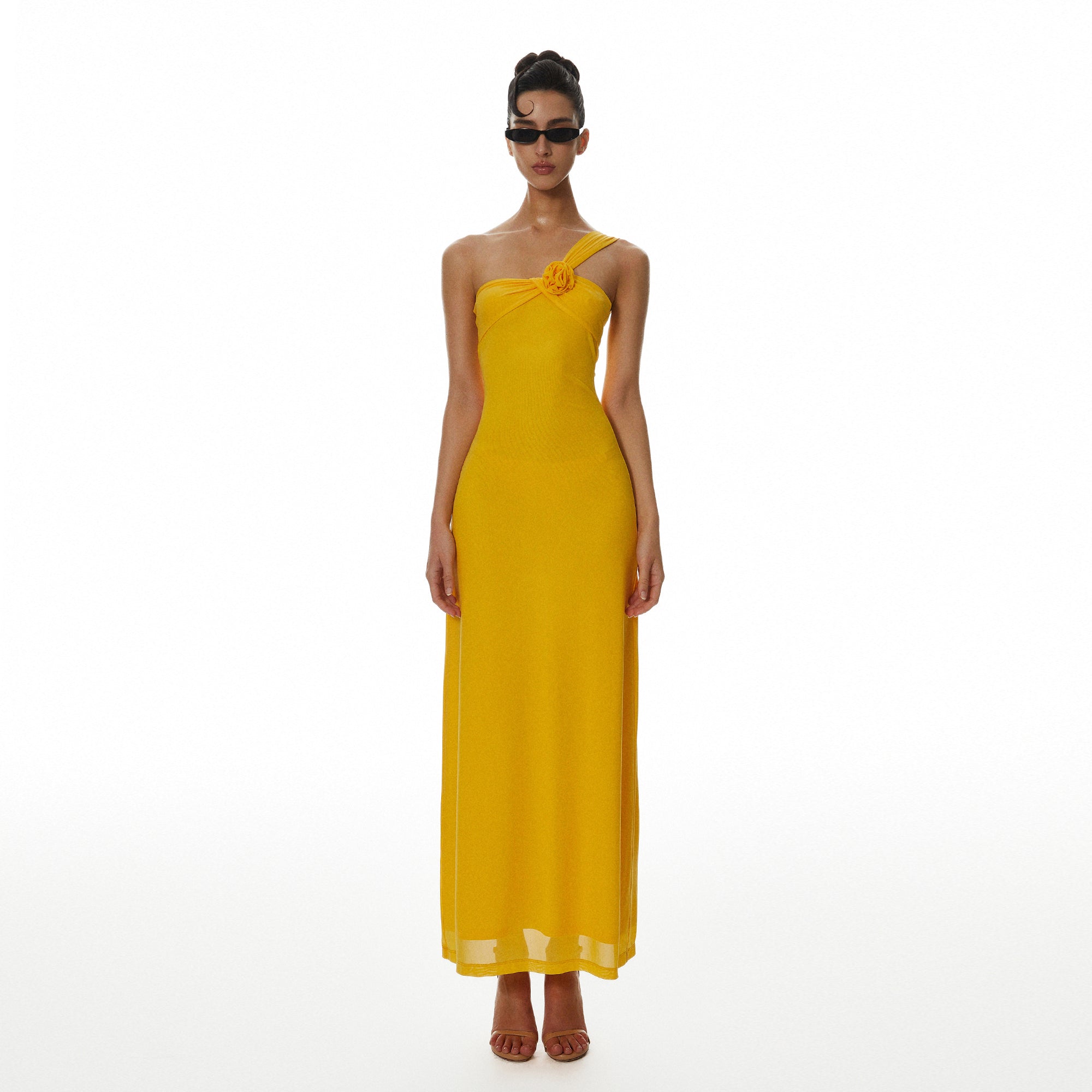 MILLIONLOTUS Rosette One-Shoulder Ruched Maxi Dress