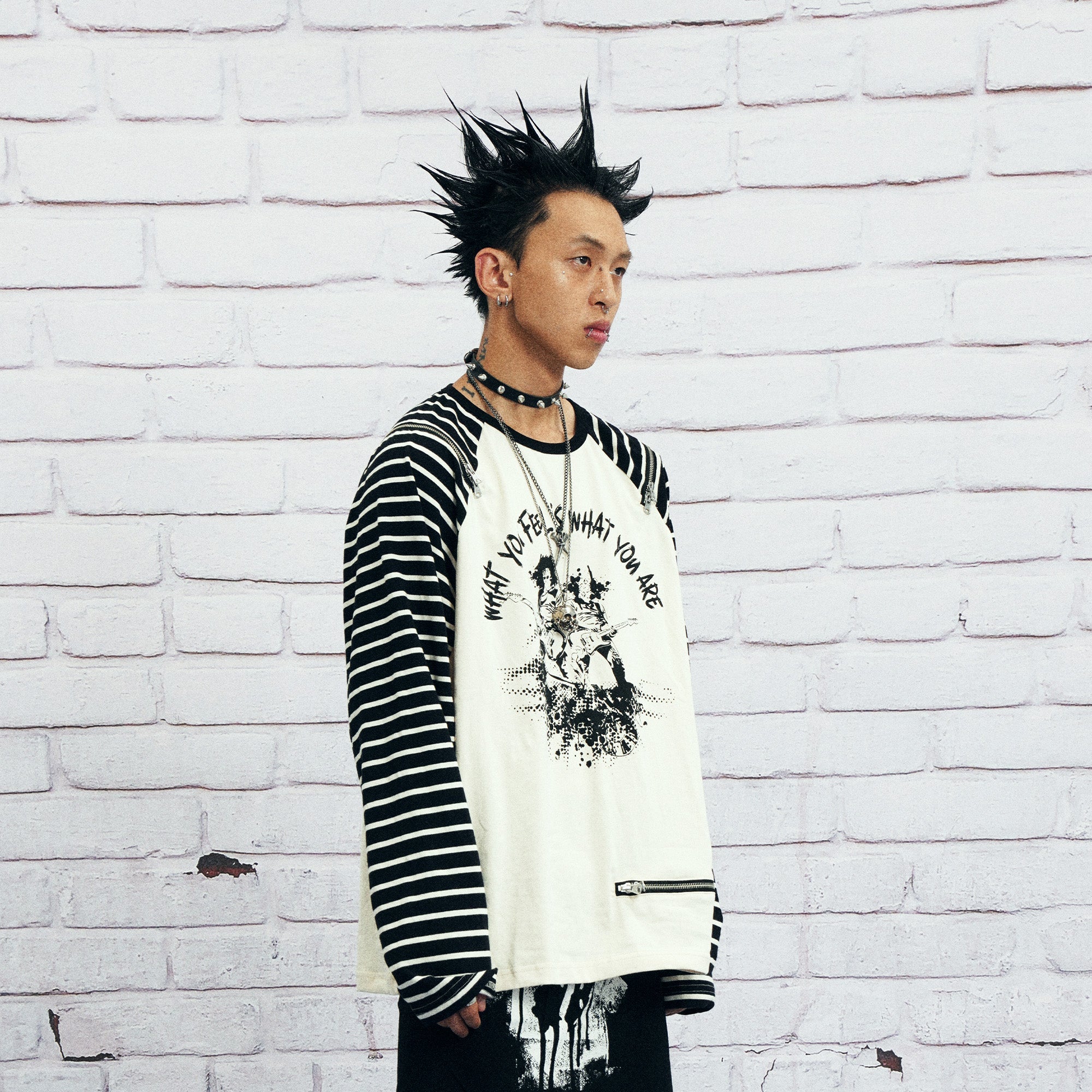 VENTUREK Punk Graphic Multi-Zip Striped Raglan Long-Sleeve Tee, premium urban and streetwear designers apparel on PROJECTISR.com, VENTUREK