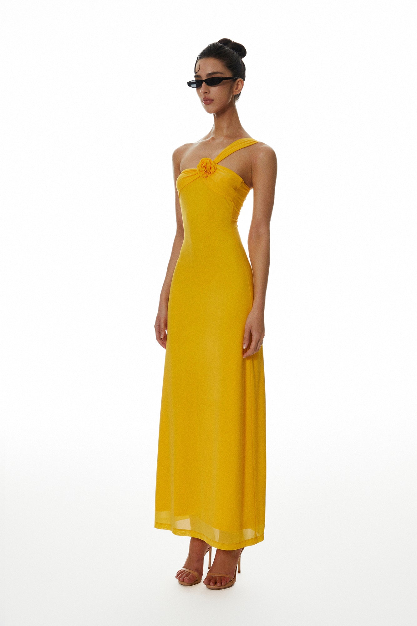 MILLIONLOTUS Rosette One-Shoulder Ruched Maxi Dress