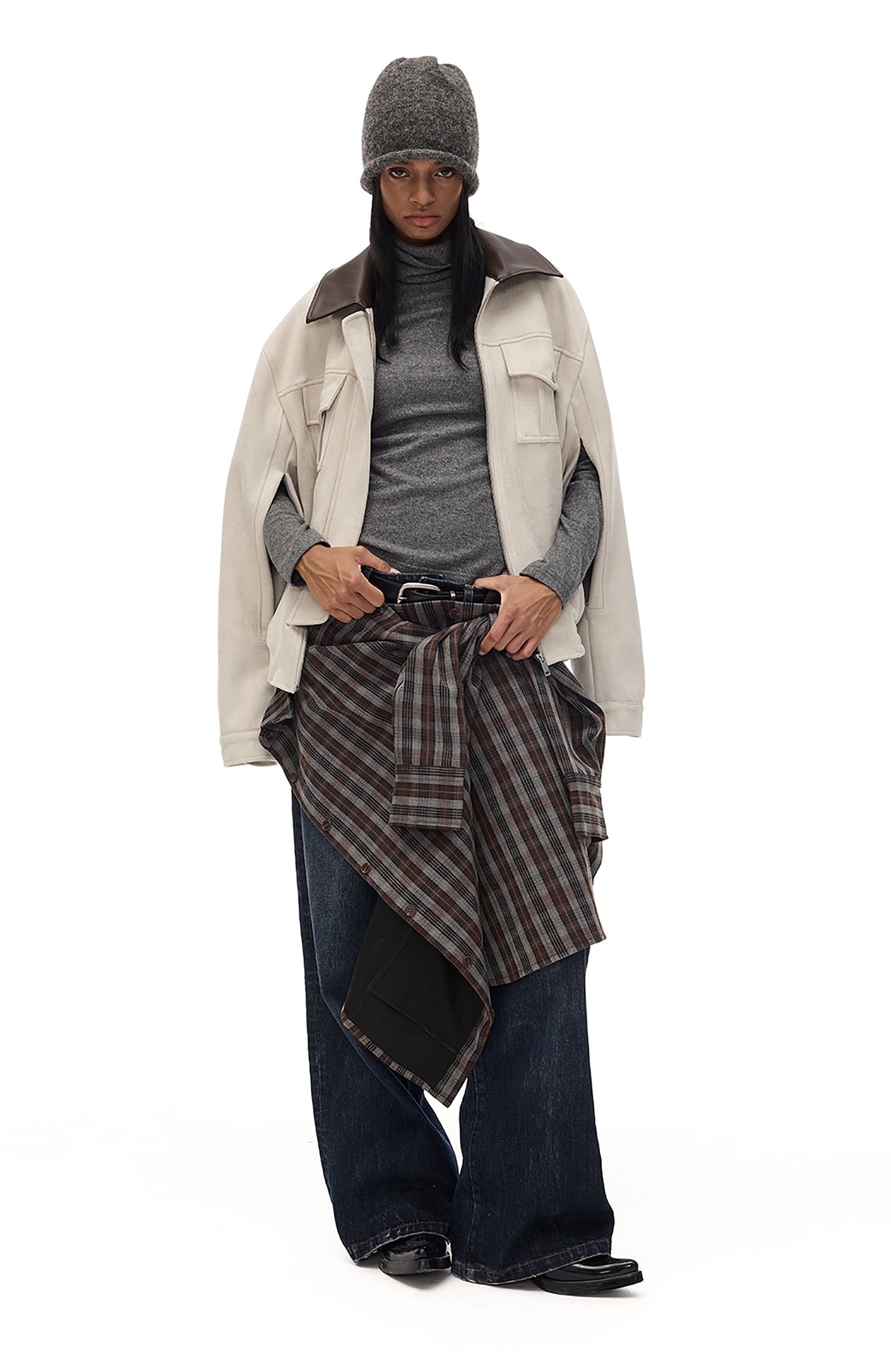 COSTUSTOOT Contrast-Collar Suede Oversized Big-Pocket Jacket