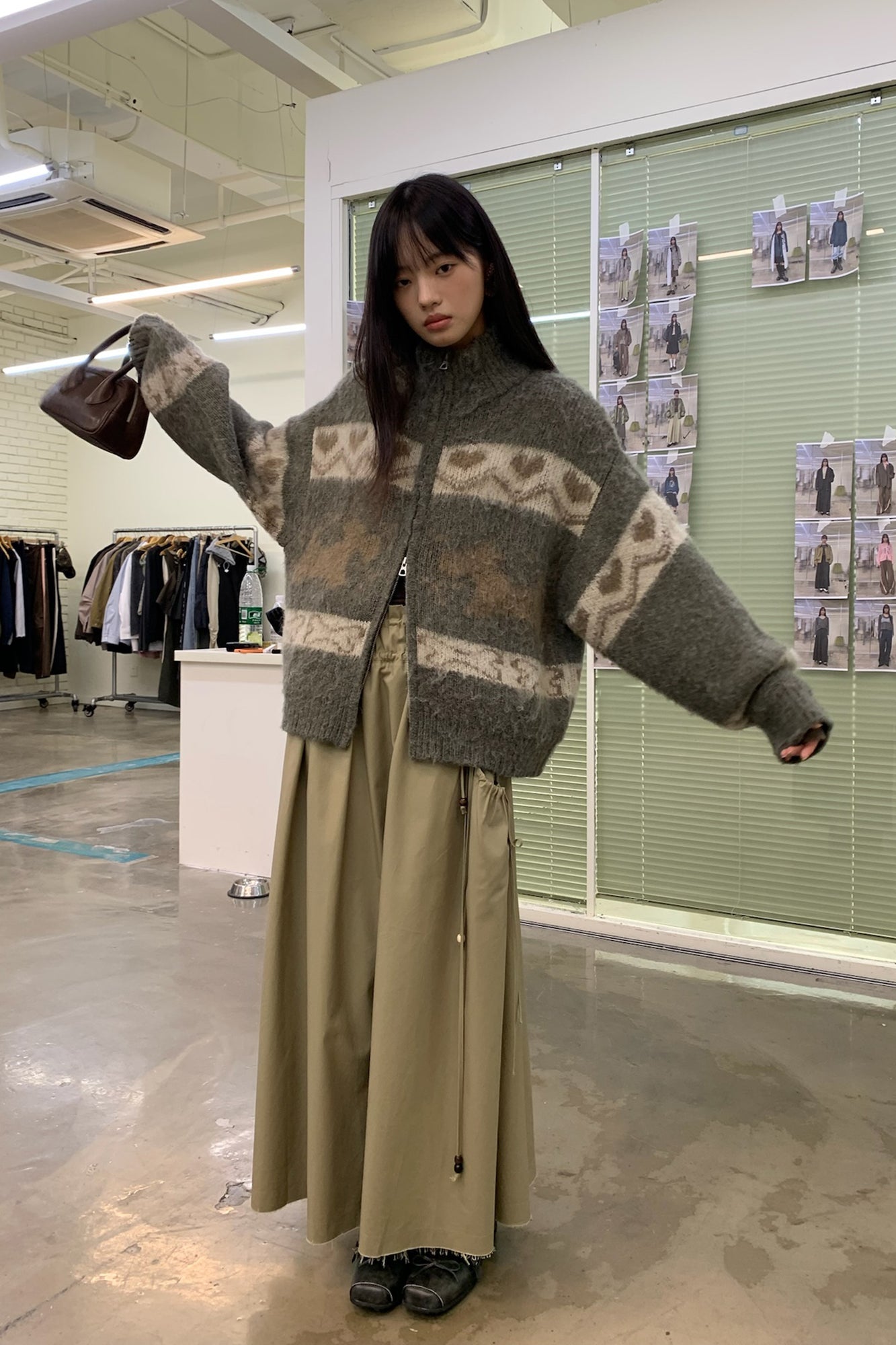 NEVERSEEZ Fuzzy Dog & Heart Jacquard Zip-Up Cardigan