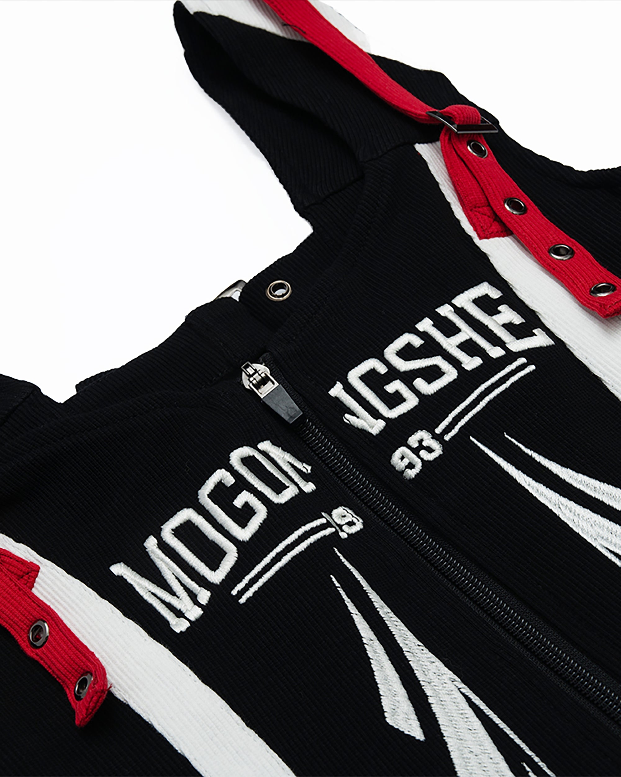 MOGONGSHE Zip-Front Buckle-Strap Racing Mini Dress