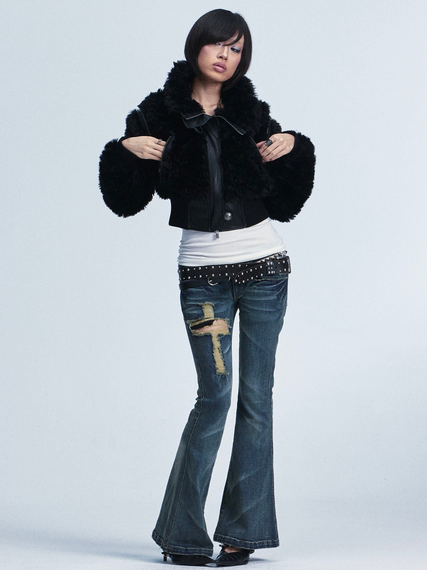 NONAME SPACE Cross Ripped Washed Flared Jeans