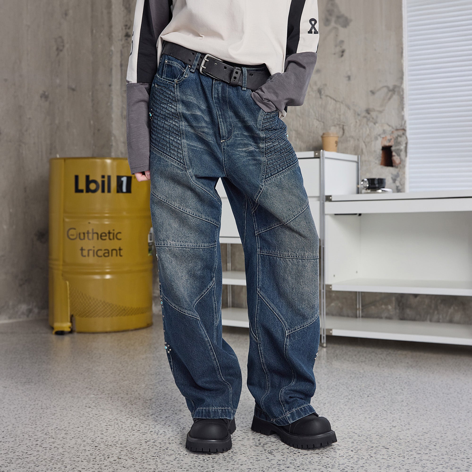 ERROR CODE ROBOT Turquoise Studded Paneled Jeans, premium urban and streetwear designers apparel on PROJECTISR.com, ERROR CODE ROBOT