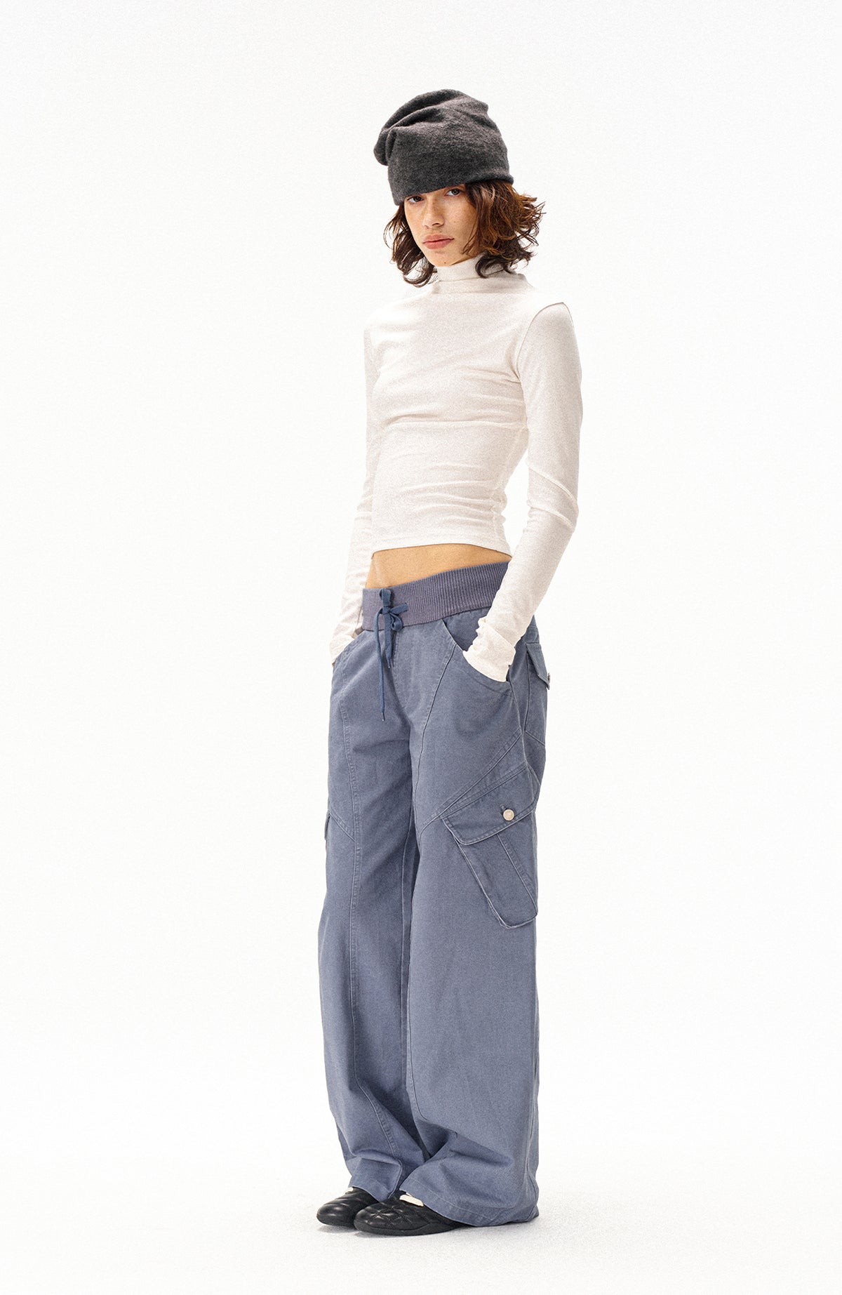 COSTUSTOOT Multi-Pocket Washed Distressed Ribbed Waist Cargo Pants