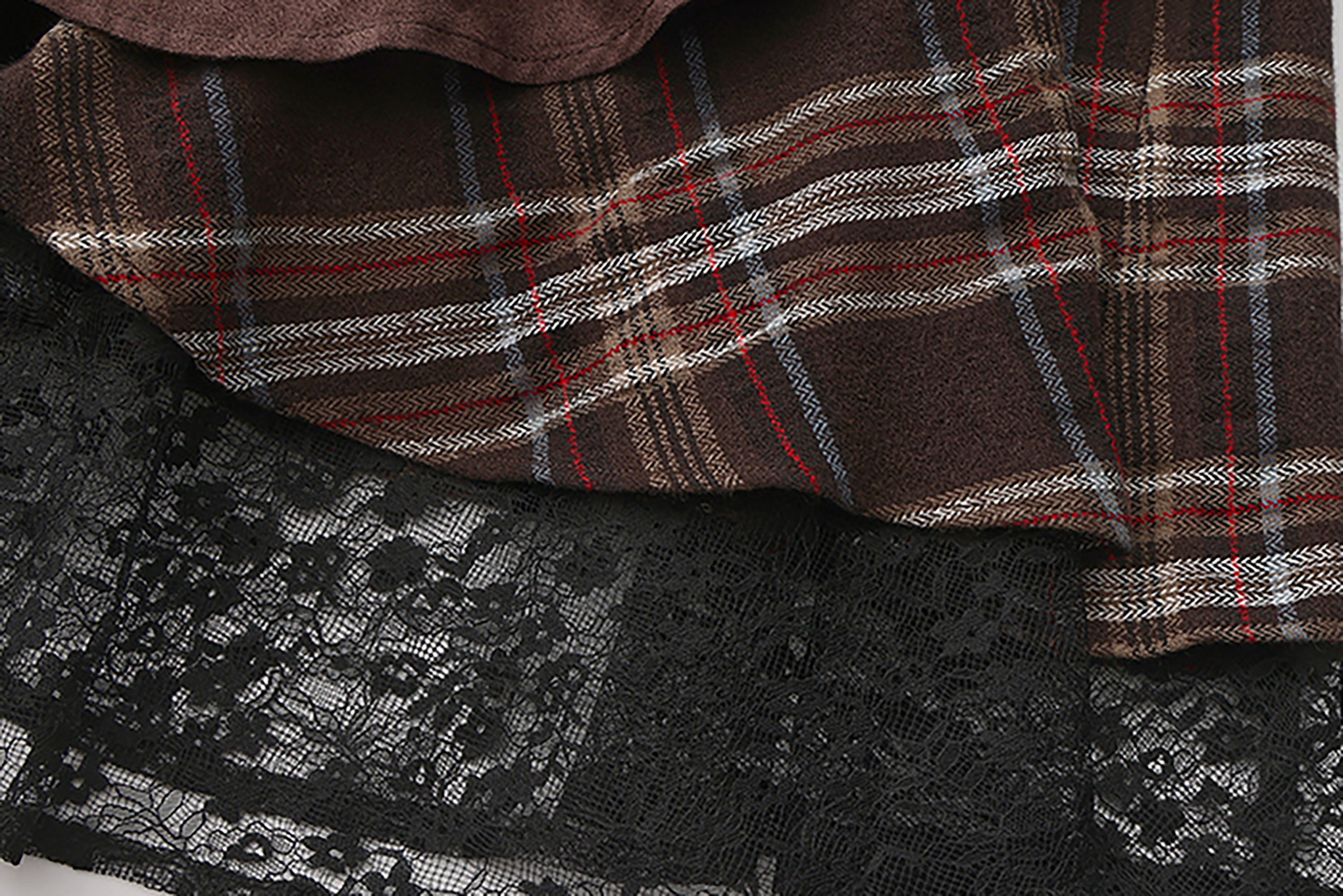 NOESE Asymmetrical Spliced Plaid-Lace Layered Ruffle Skirt